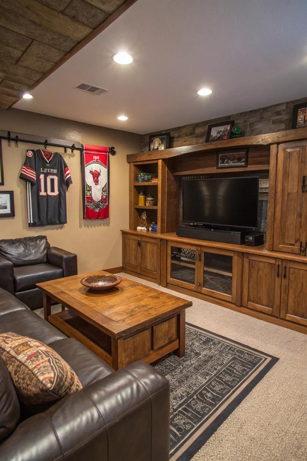 Hidden storage solutions maintain a clutter-free man cave.