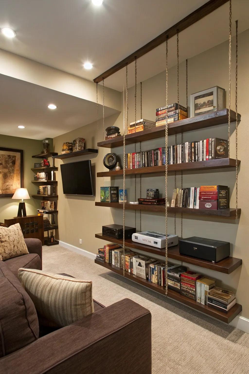 Elevated shelves merge storage with streamlined design.
