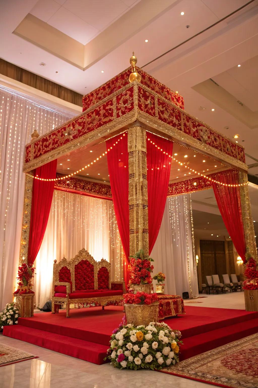 A scarlet and glimmer altar exudes luxury and grandeur.