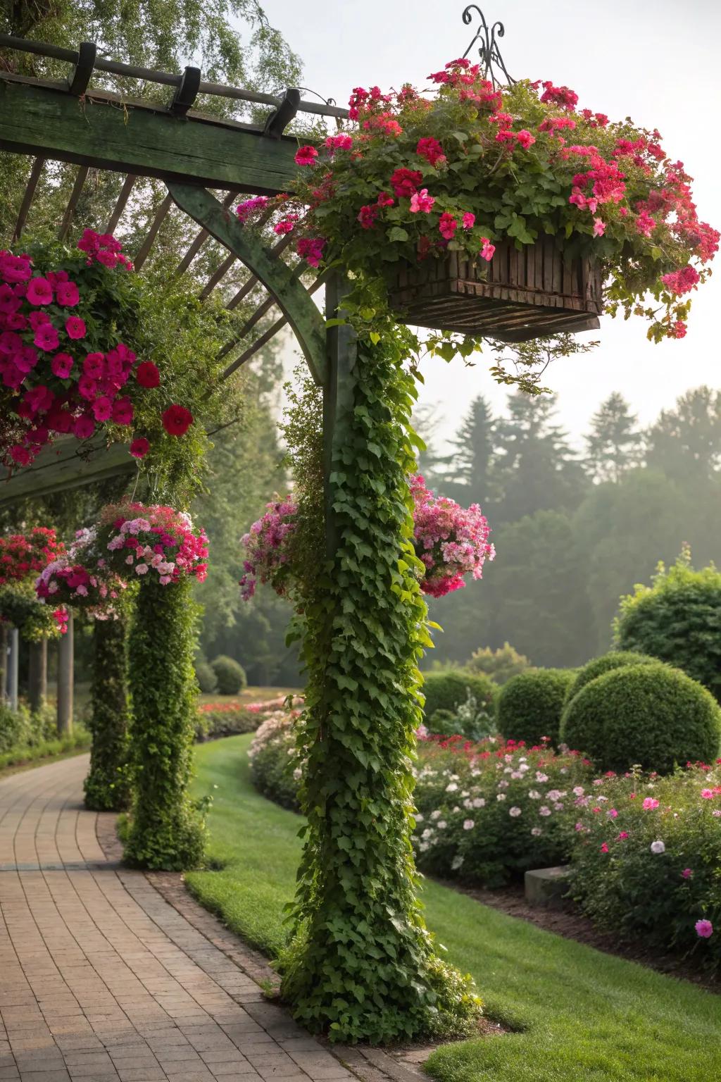 A support featuring overhanging blushing trumpet vine pots introduces layers of beauty and intrigue.