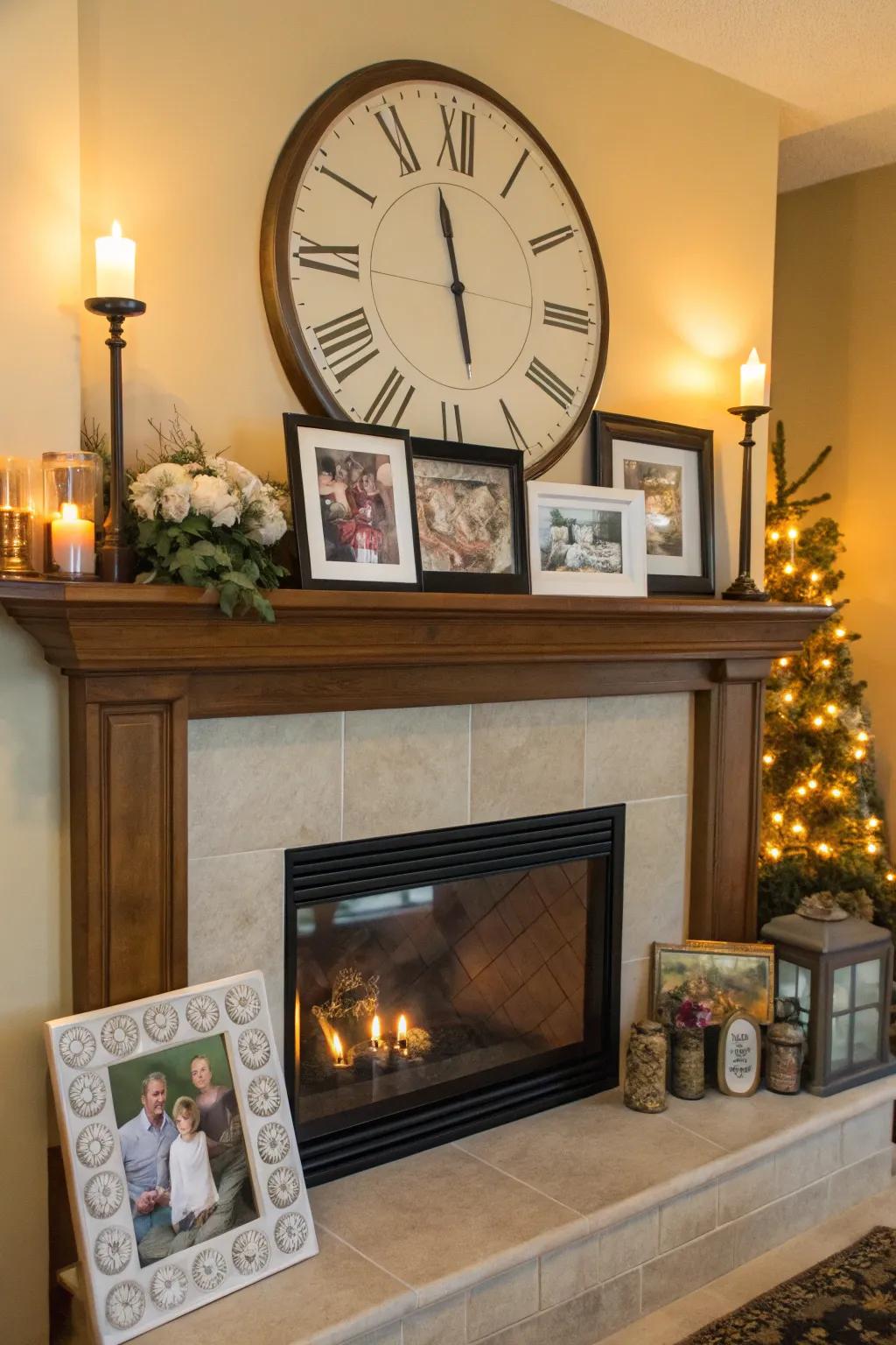 A personal mantel with a timepiece and cherished family photos.