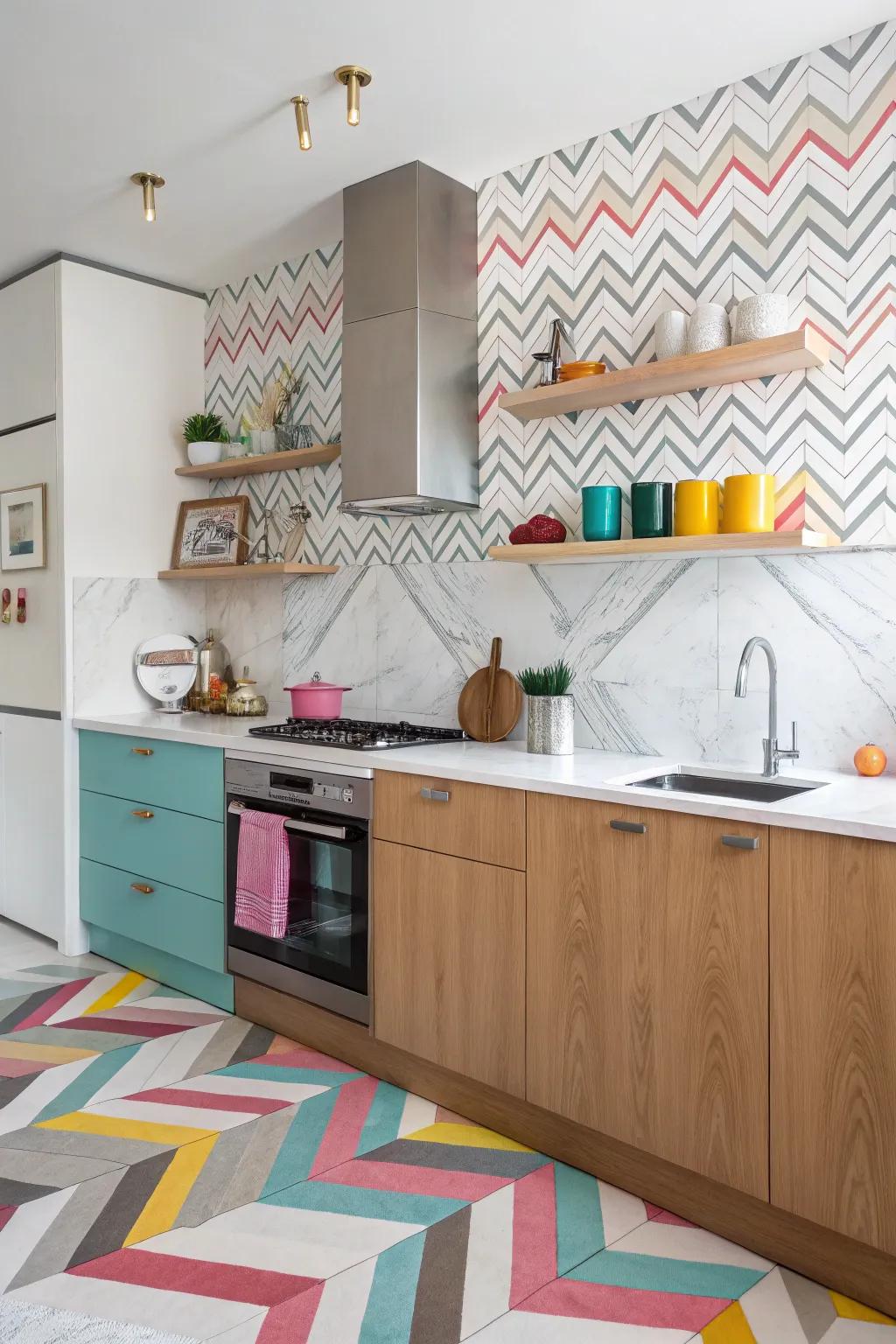 An energetic cooking area manifests a playful angular-patterned marble backsplash.