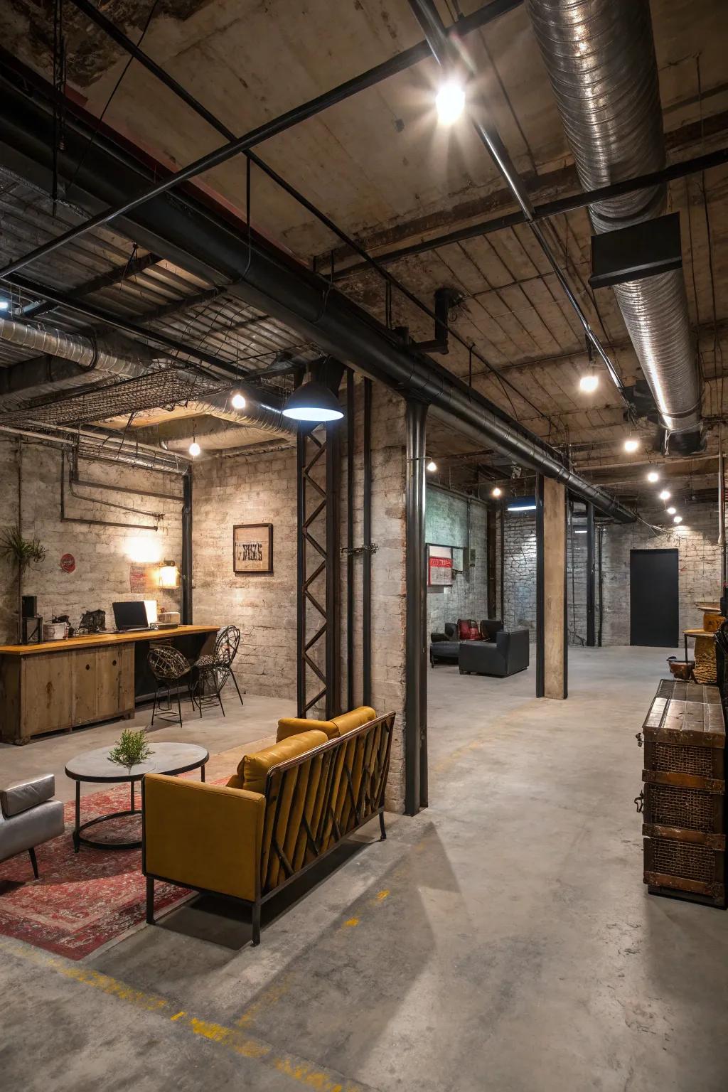 Factory features impart rugged allure to the retreat.