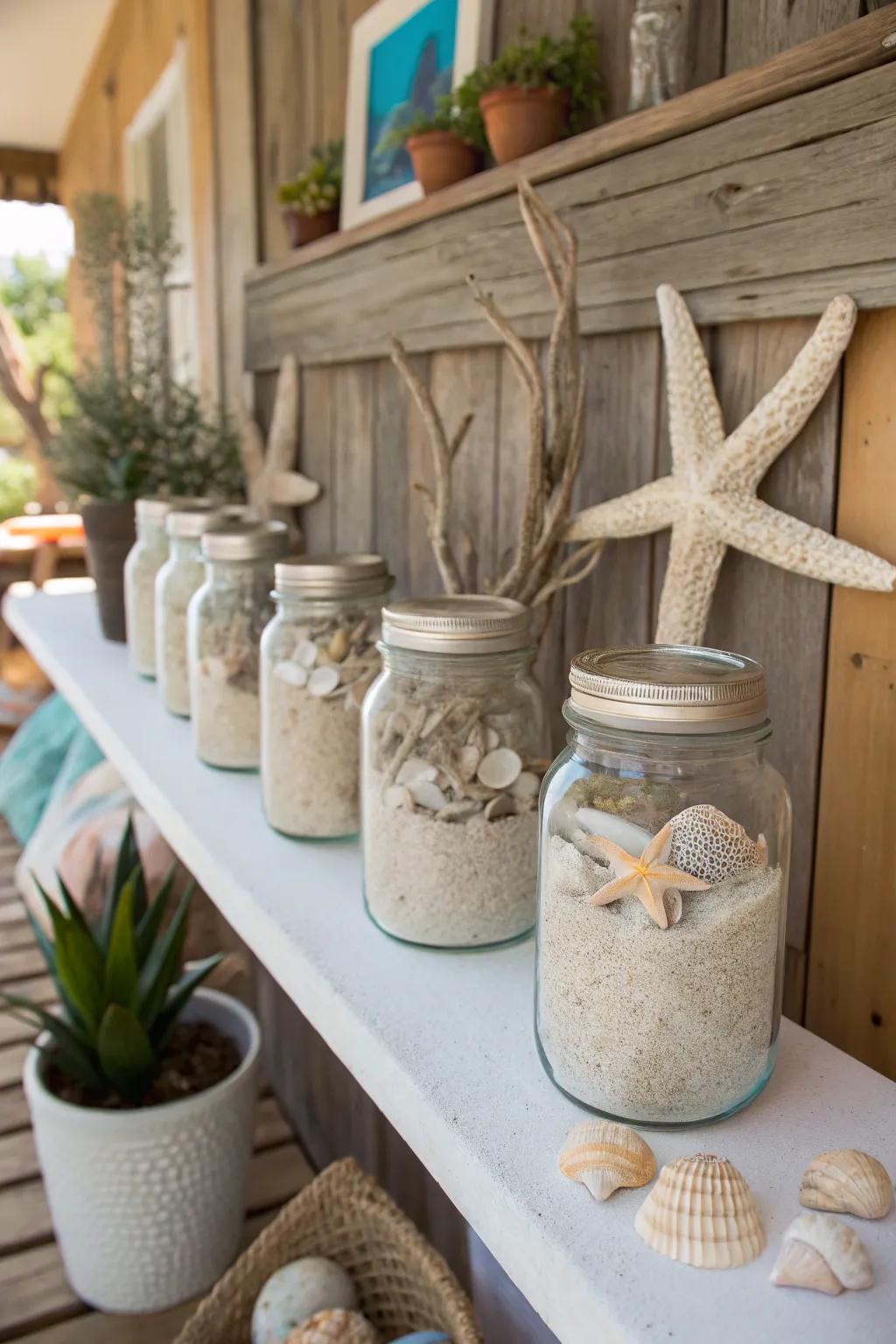 Bring the beach home with seashell exhibits in antique containers.