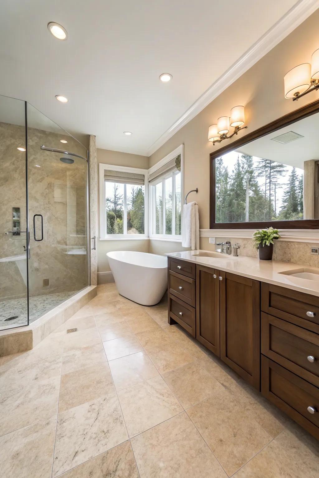 Beige limestone flooring brings warmth and tranquility.