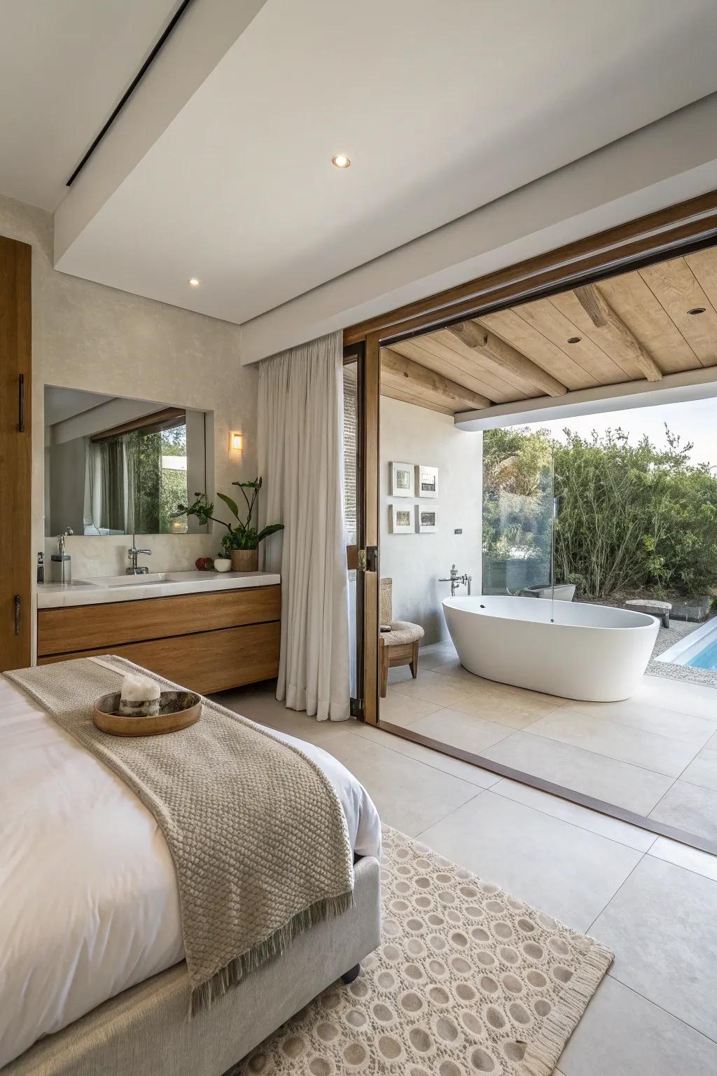 Open-concept bedroom and bathroom producing a smooth and unified space.
