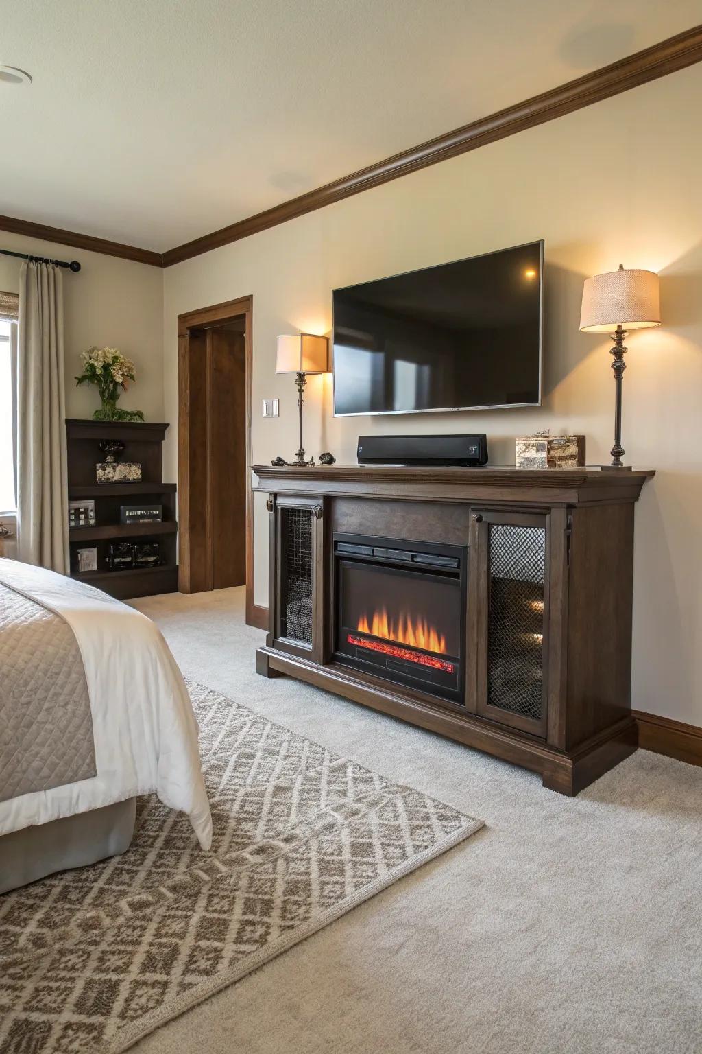 This dual-function TV stand with an electric fireplace saves space in the bedroom.