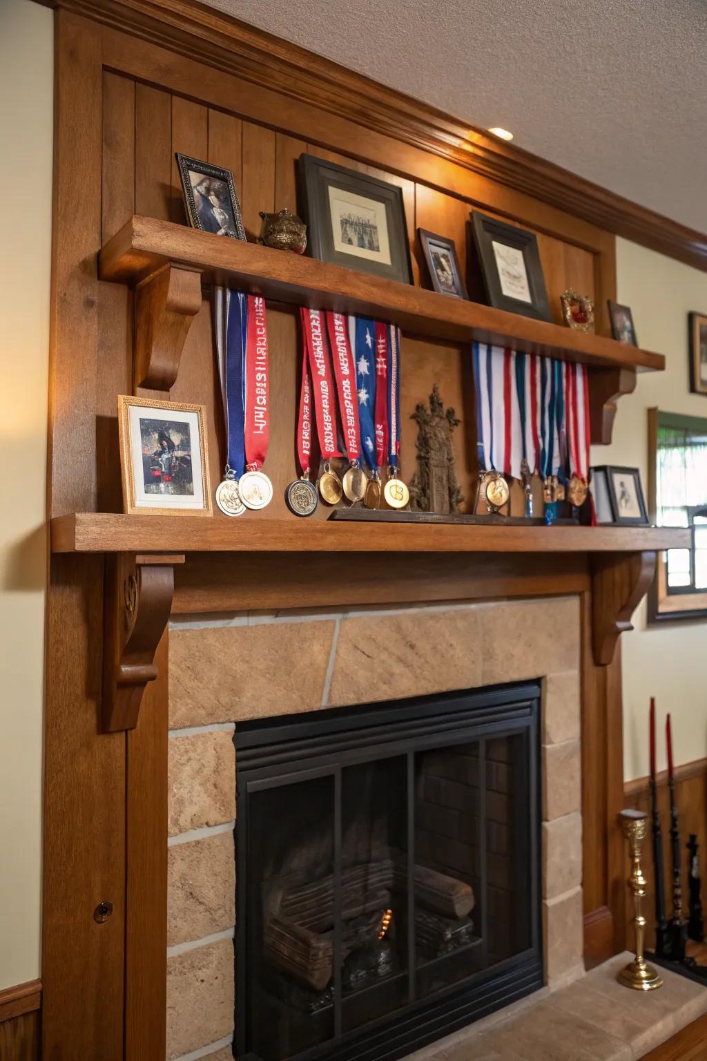 Turn a fireplace into a creative medal display.