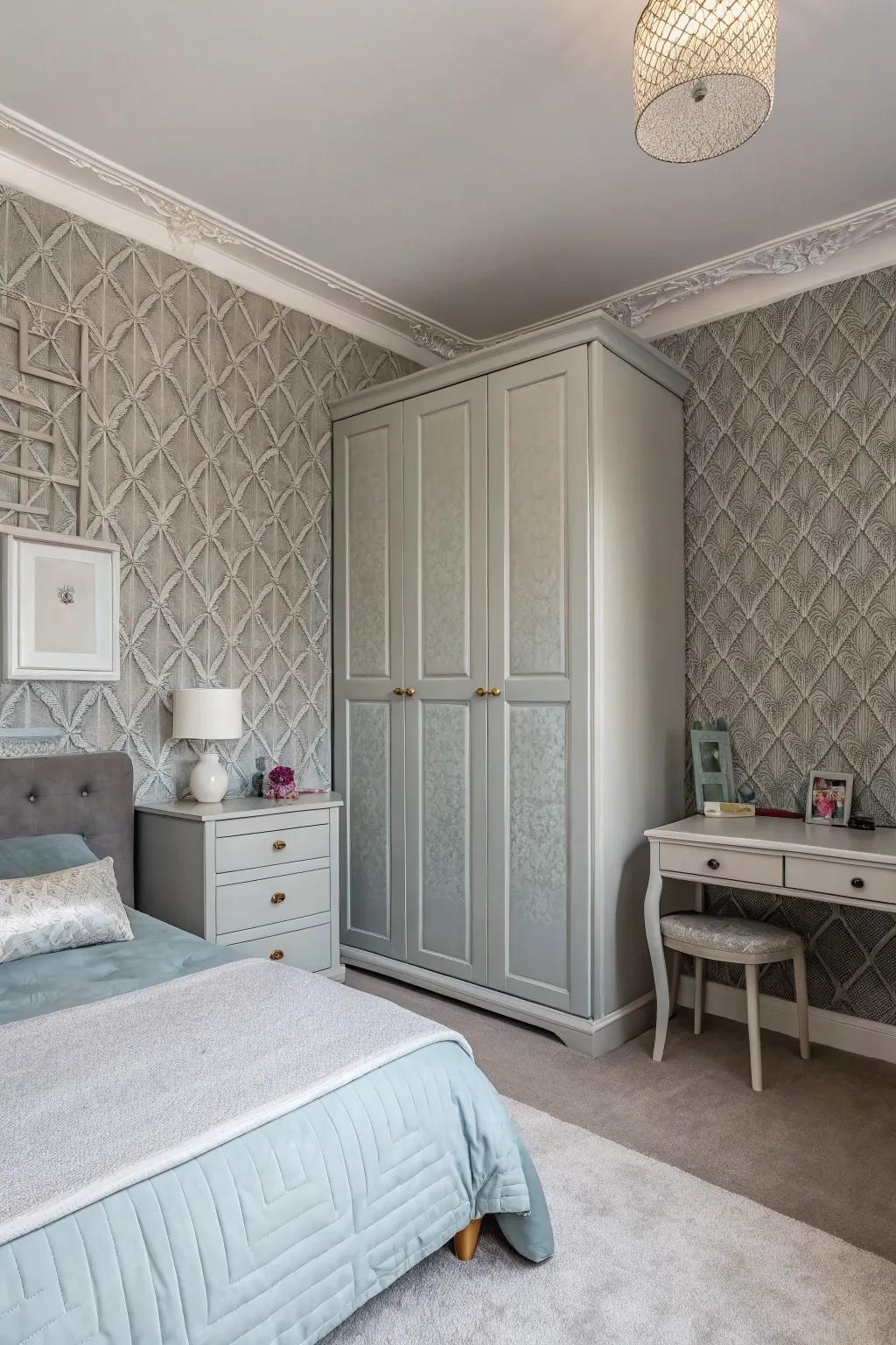 Textured wall planks add dimension to this grey bedroom.