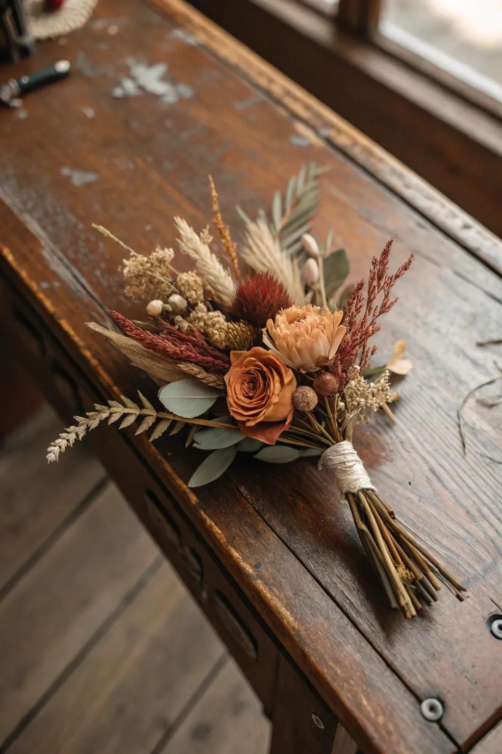 Desiccated florals craft a vintage-inspired boutonniere.