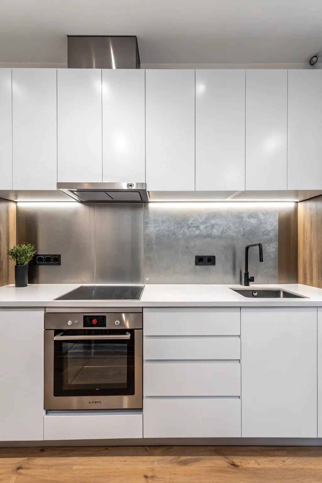 A minimalist kitchen featuring a burnished metal backsplash.