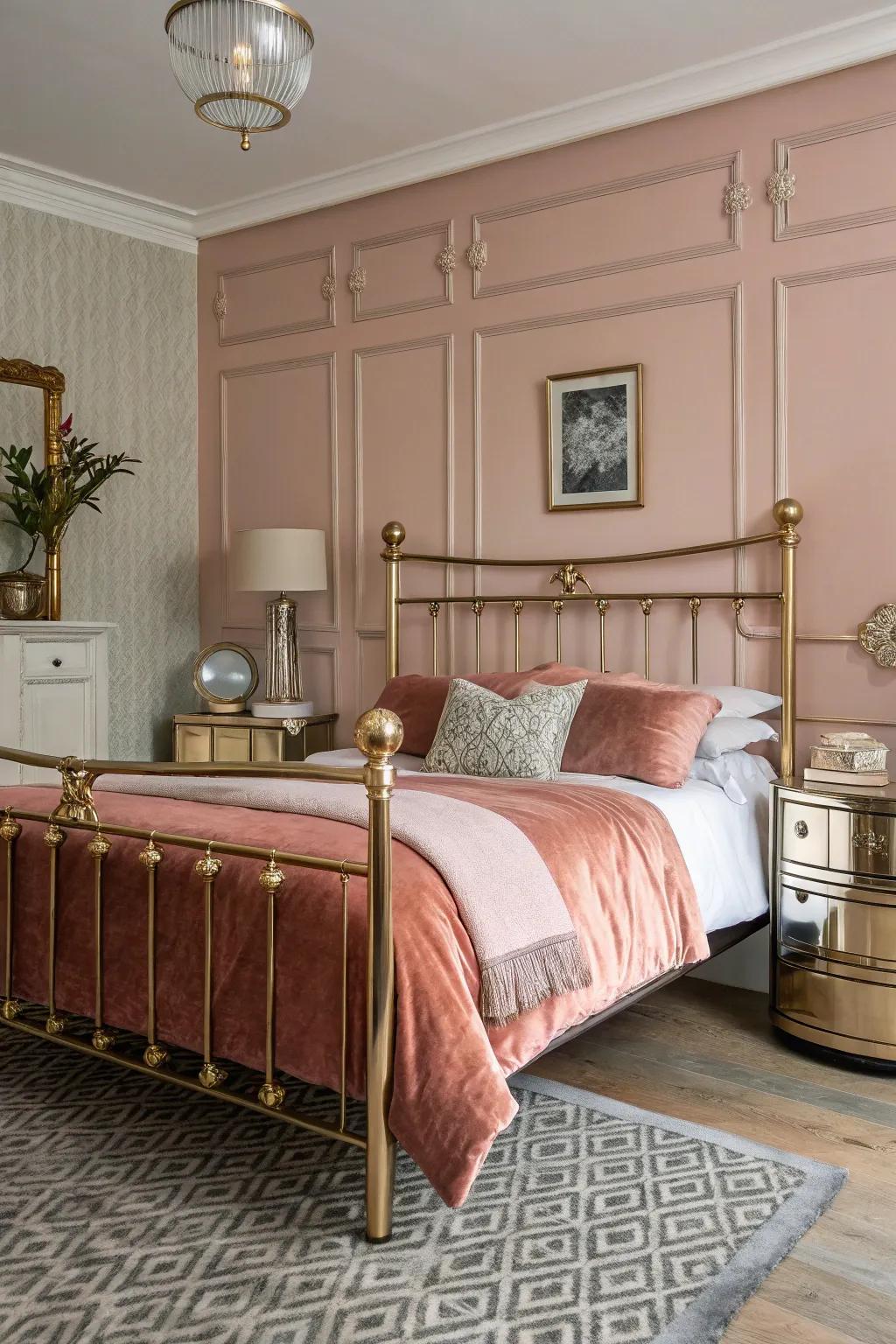 Elegant metallic touches, including a brass bed frame, enhance this mid-century modern bedroom.