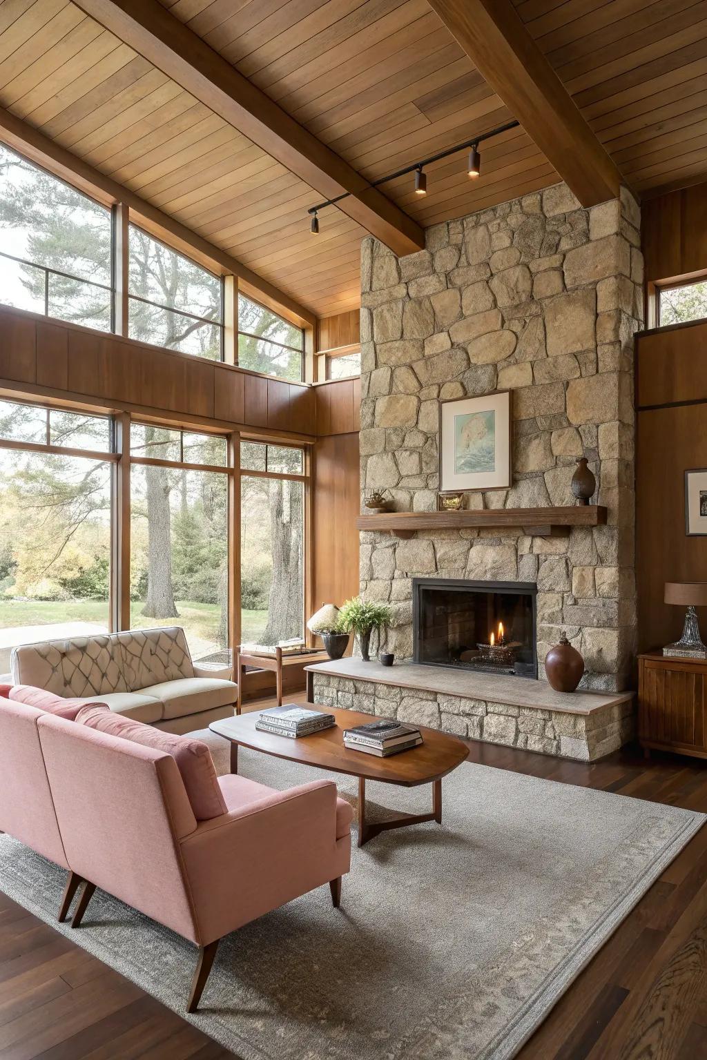 A stone or brick fireplace acts as a striking center in this mid-century modern living room.
