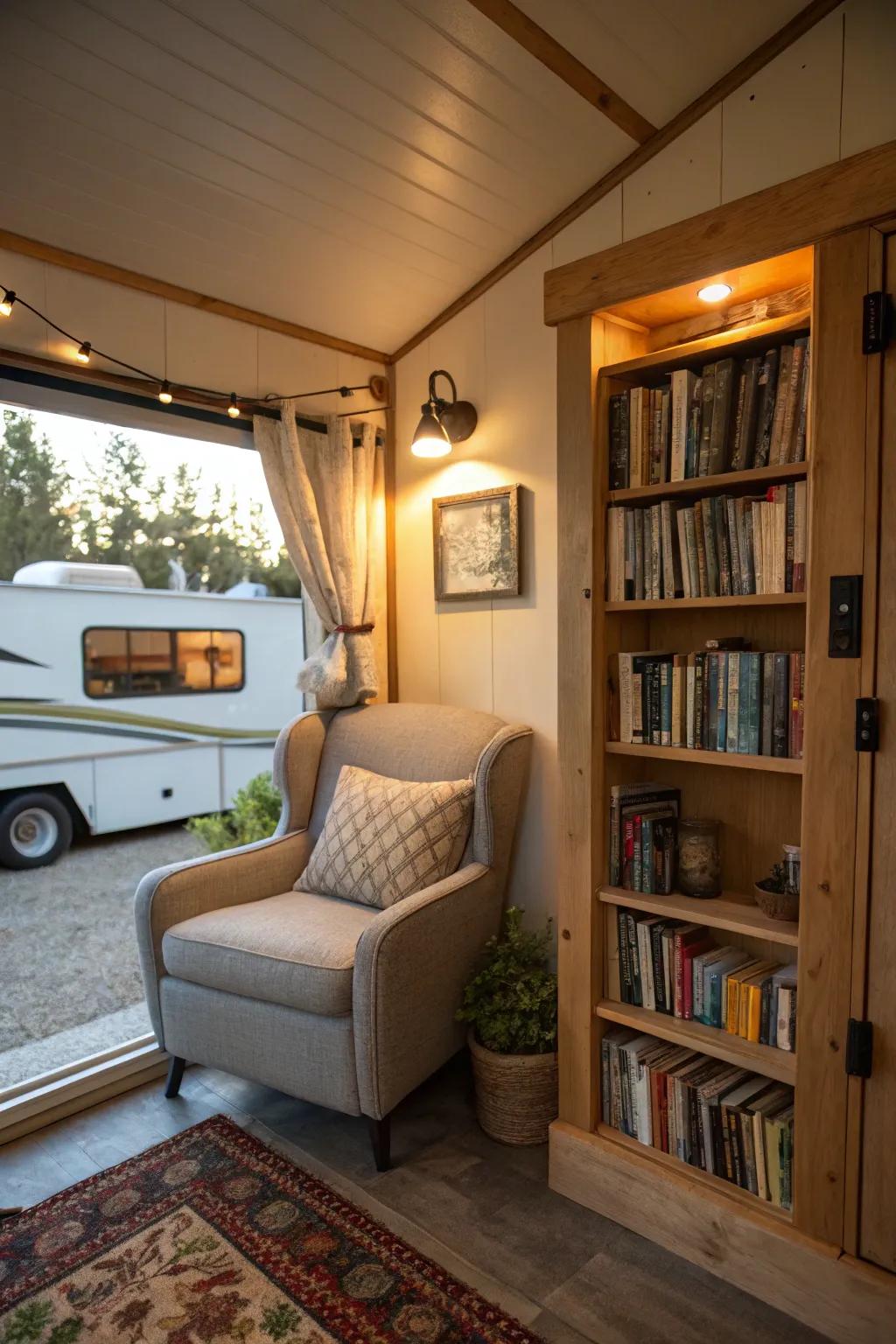A charming reading nook featuring a comfy chair and books displays, superb for literary escapes.