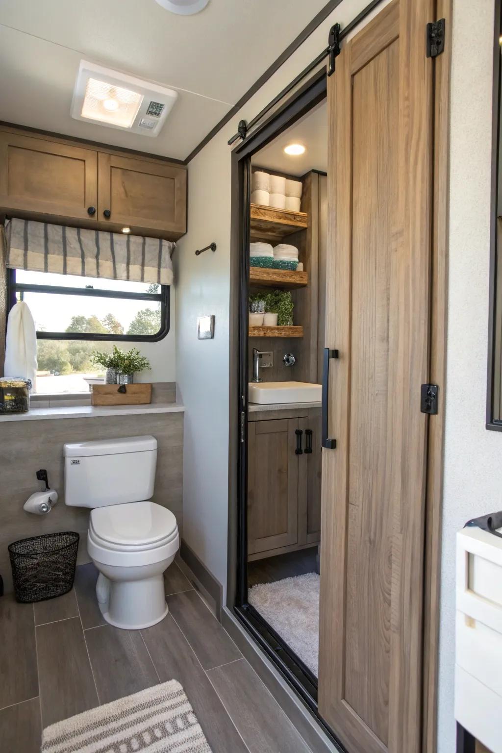 A recessed threshold economizes expanse and appends a pristine countenance to this bathroom.