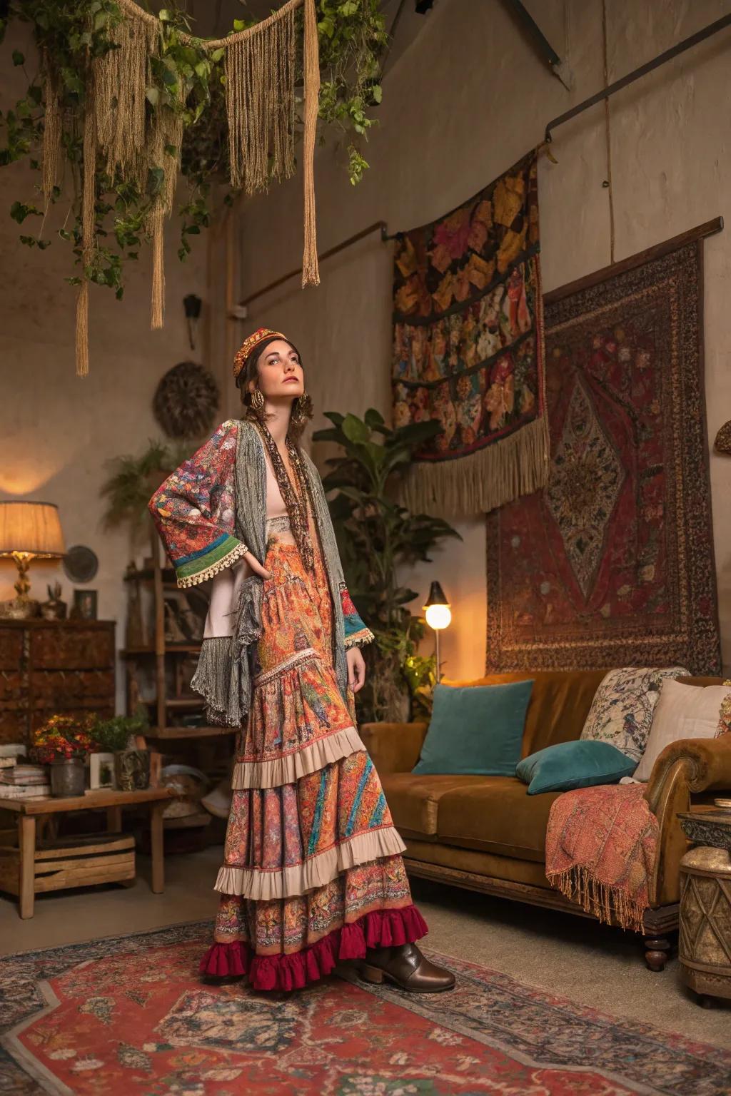 A free-spirited bohemian ensemble with vibrant layers.
