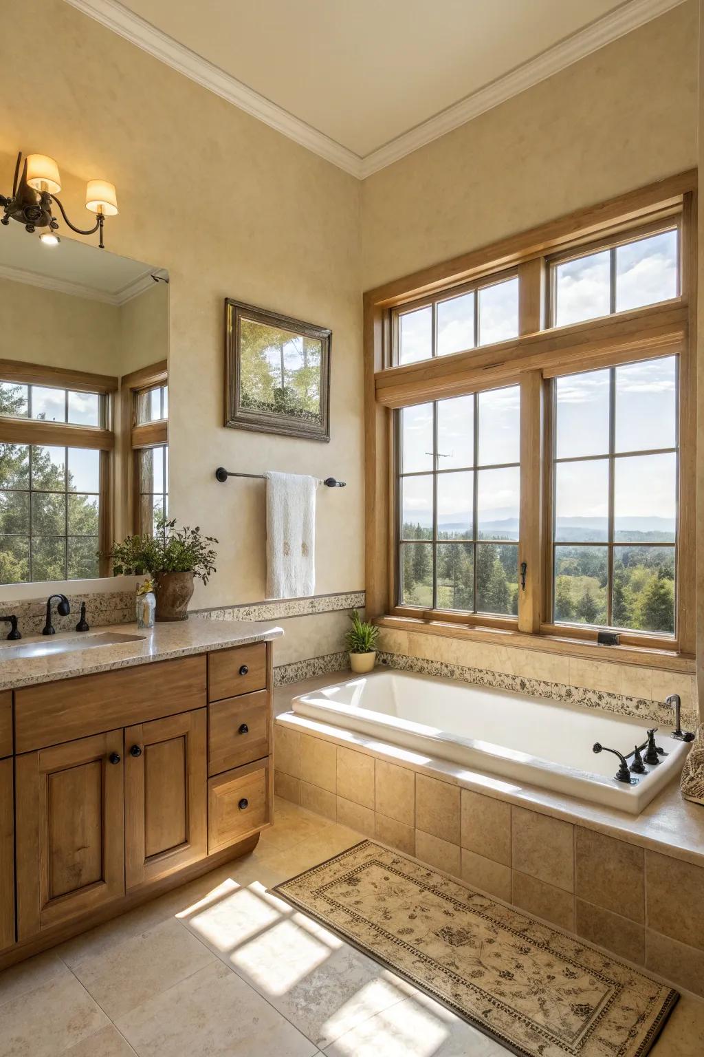 Natural light accentuates the tranquil atmosphere of a beige bathroom.