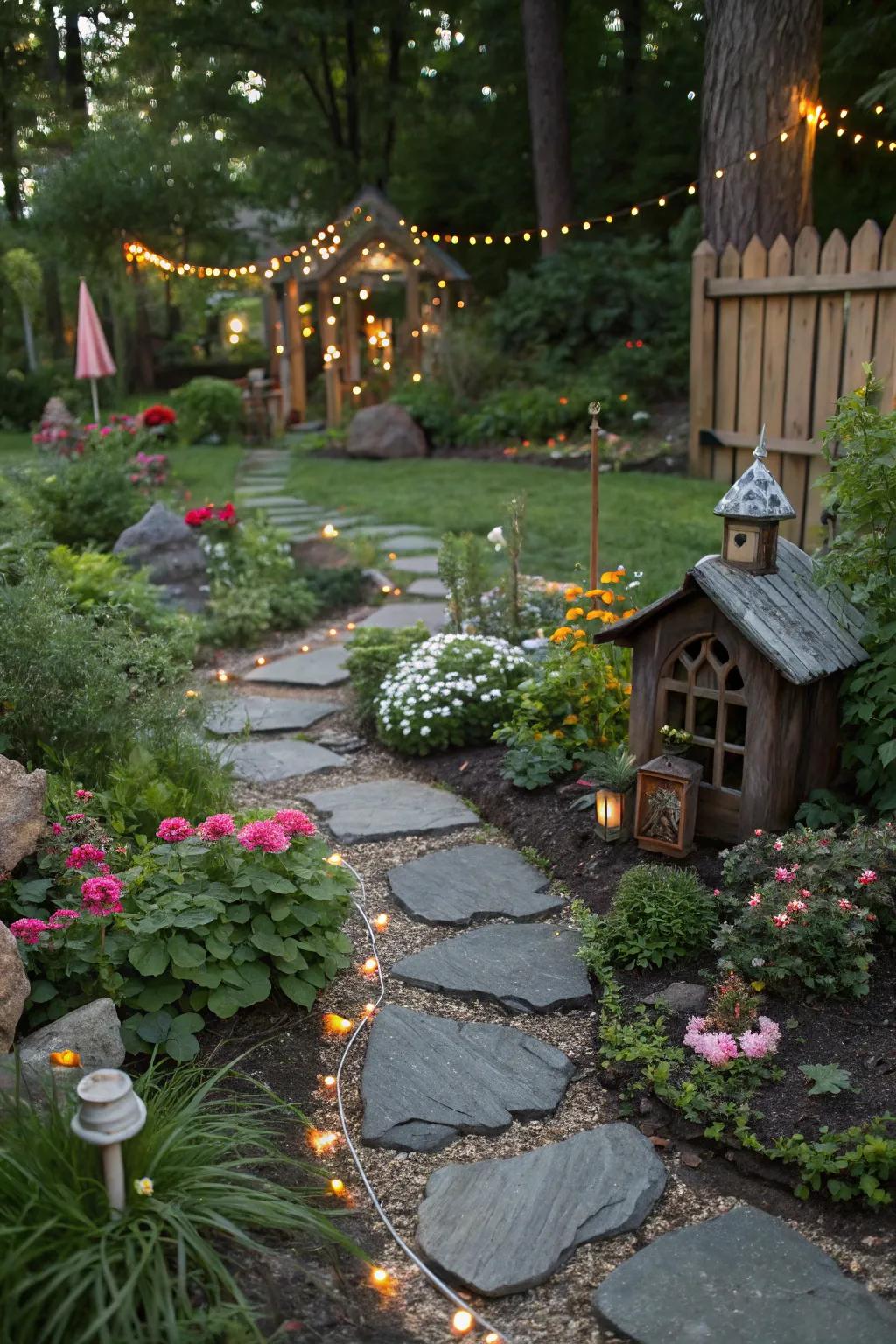 Whimsy thriving in a fairy garden with dark stone paths.