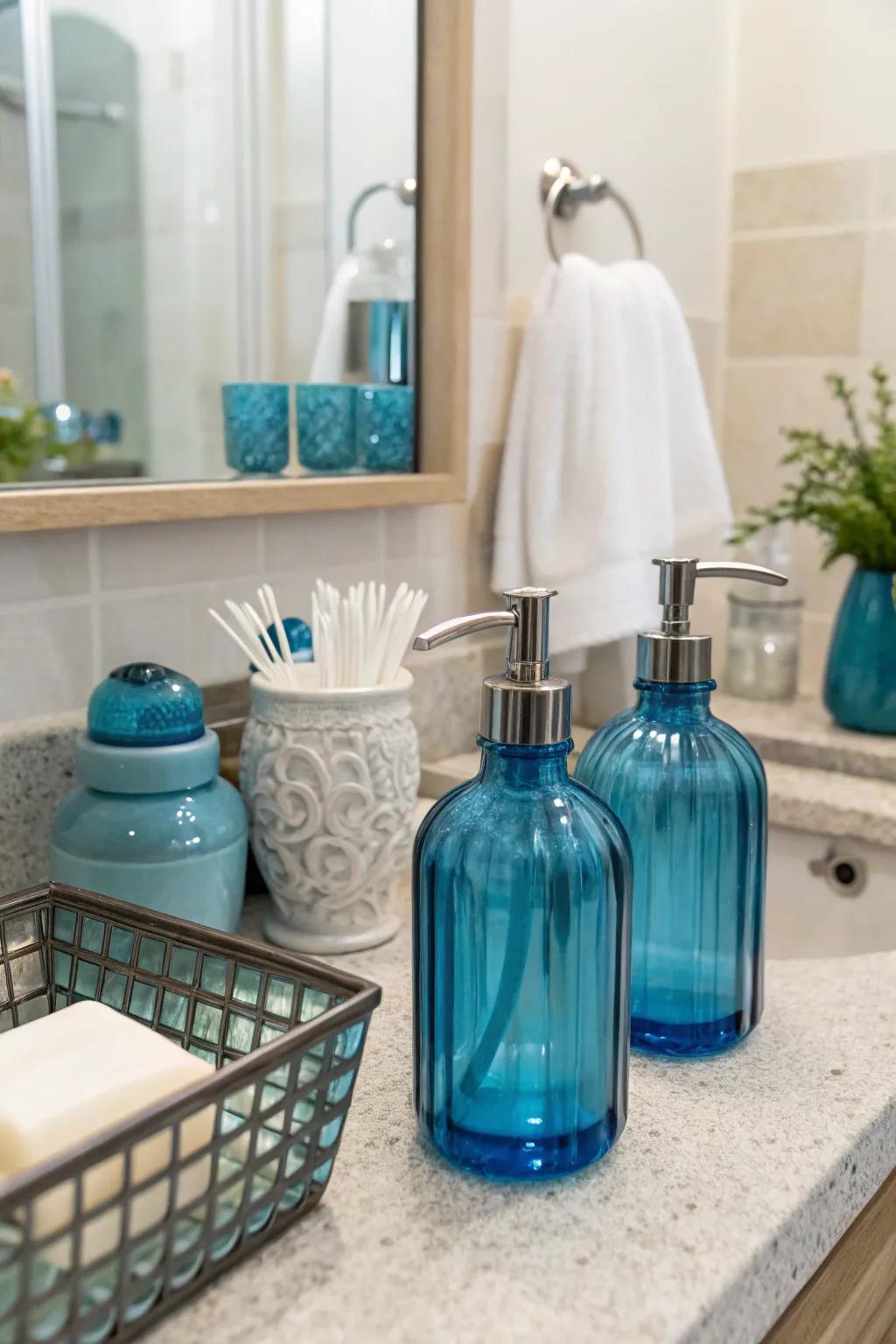 Azure glass accents reflect brightness beautifully, introducing refinement to this washroom.