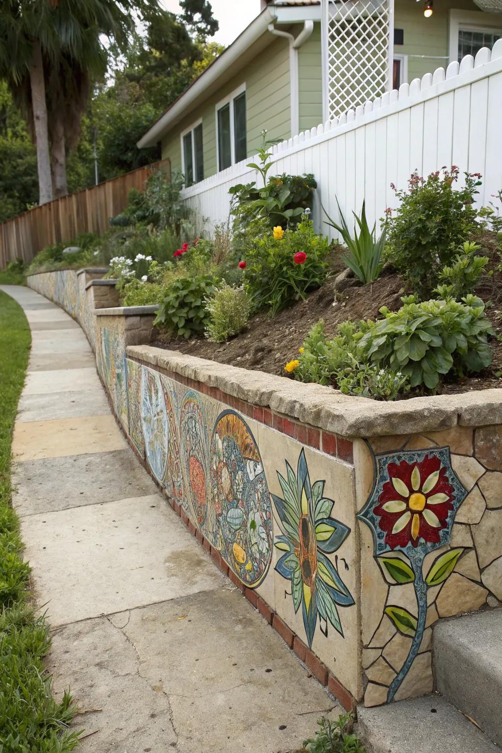 Concrete wall revolutionized with mosaic artistry.