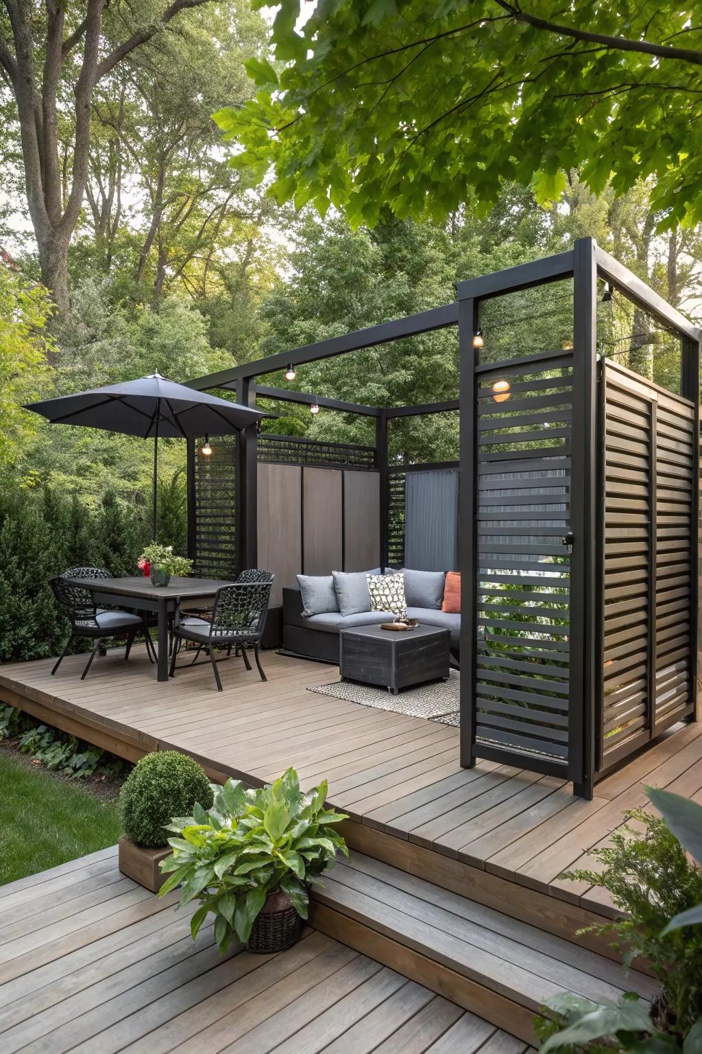 A deck with a privacy screen, creating a welcoming and cozy space.