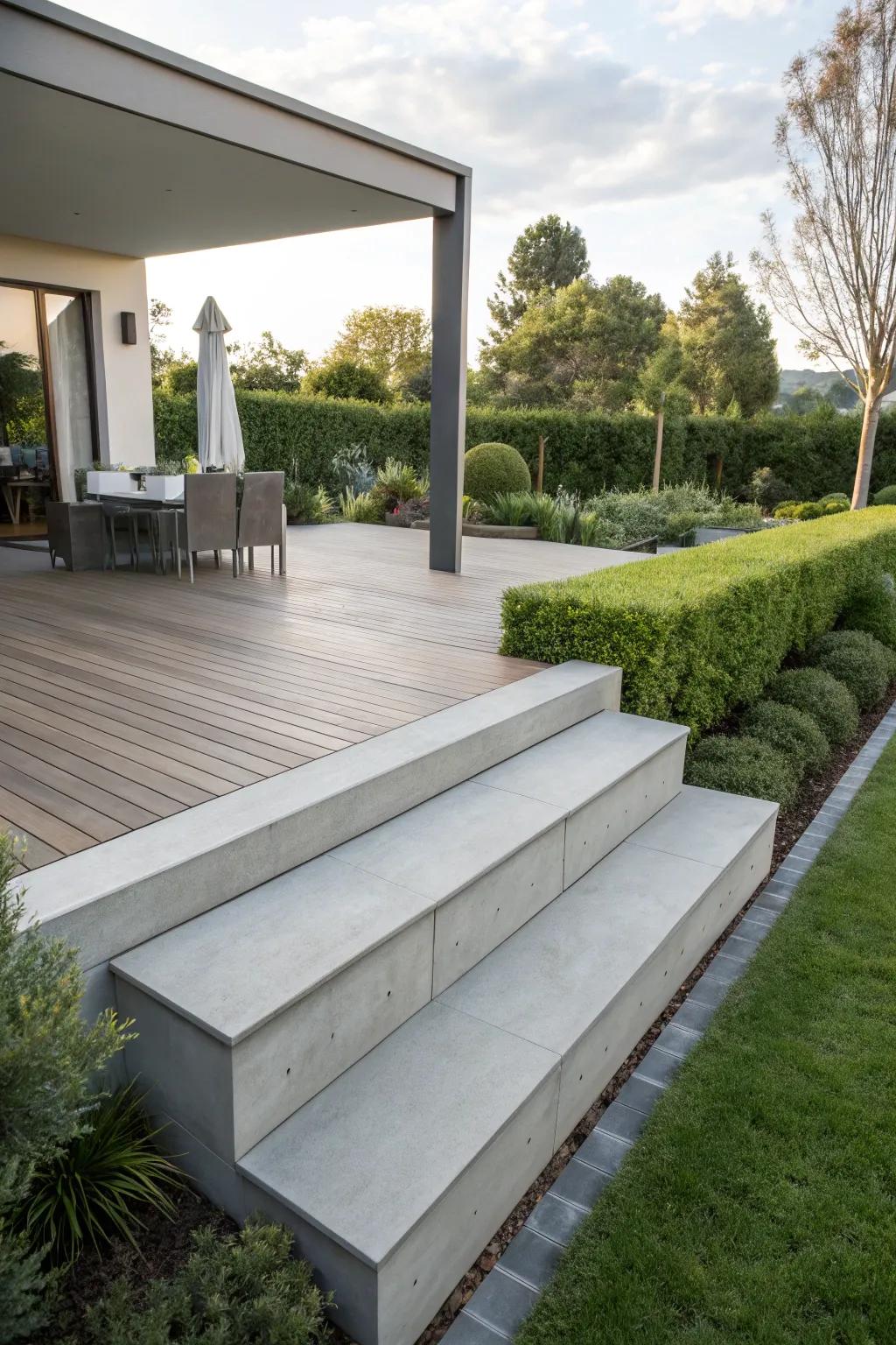 Cement skirting offers modern solidity and strength.