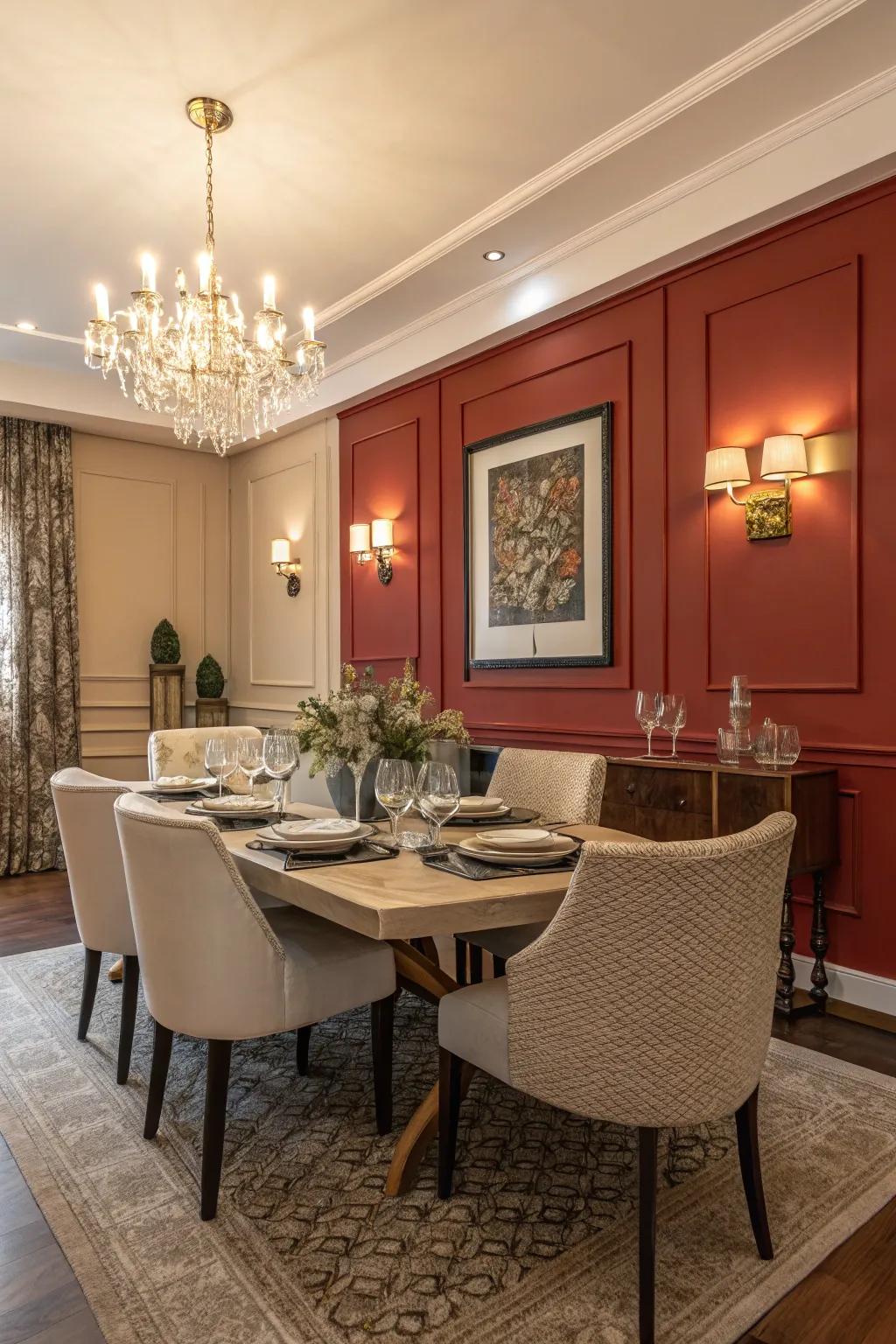 A striking accent wall adds depth and character to a modern dining room.