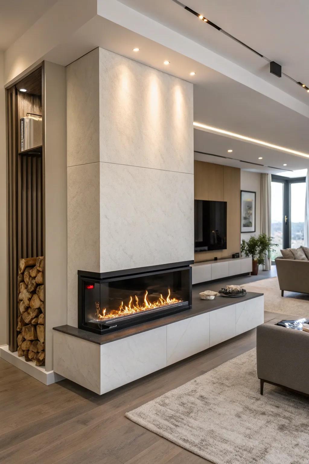 A sculptural electric fireplace serves as both art and a source of warmth in a modern setting.