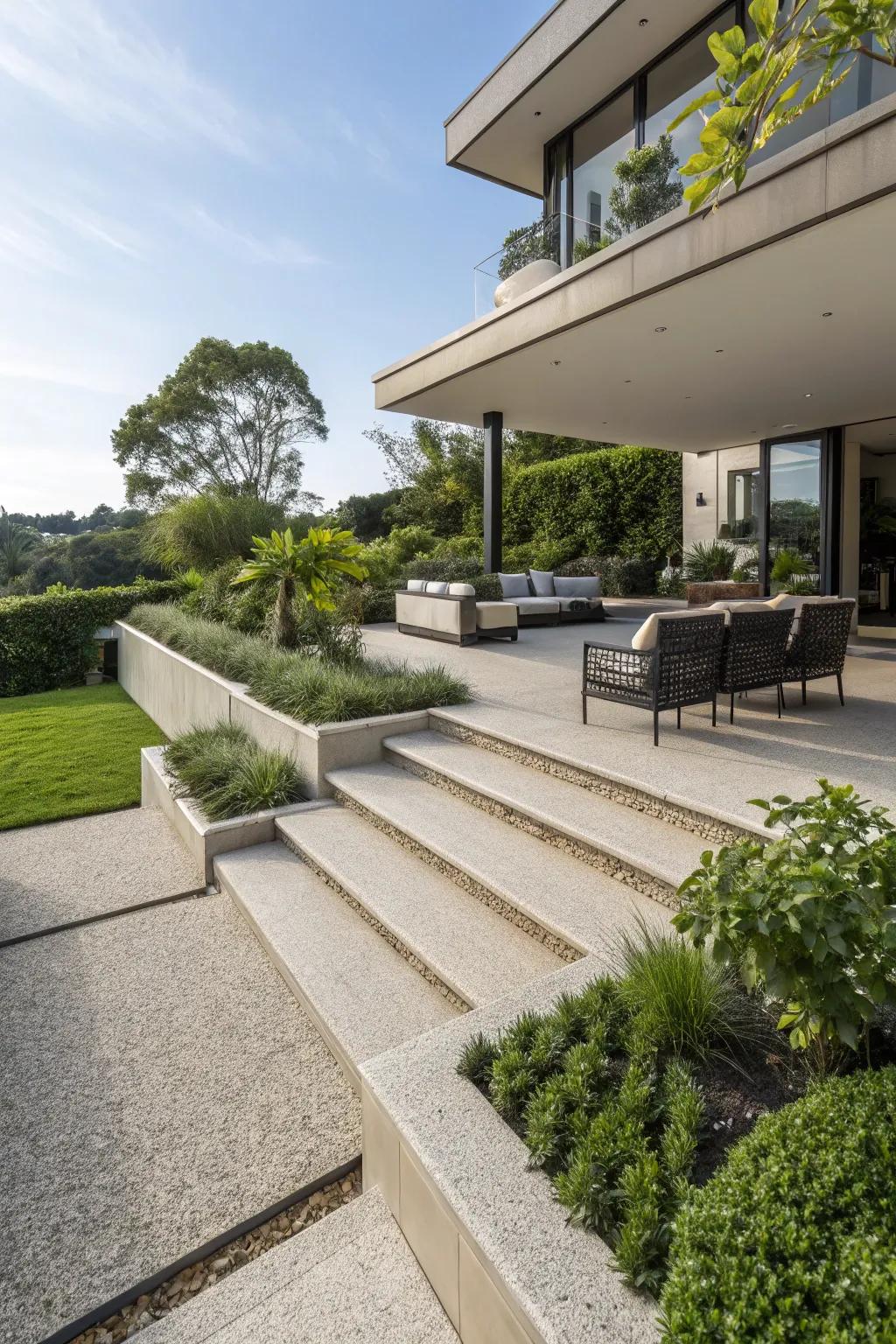 A stepped design adds depth to the patio.
