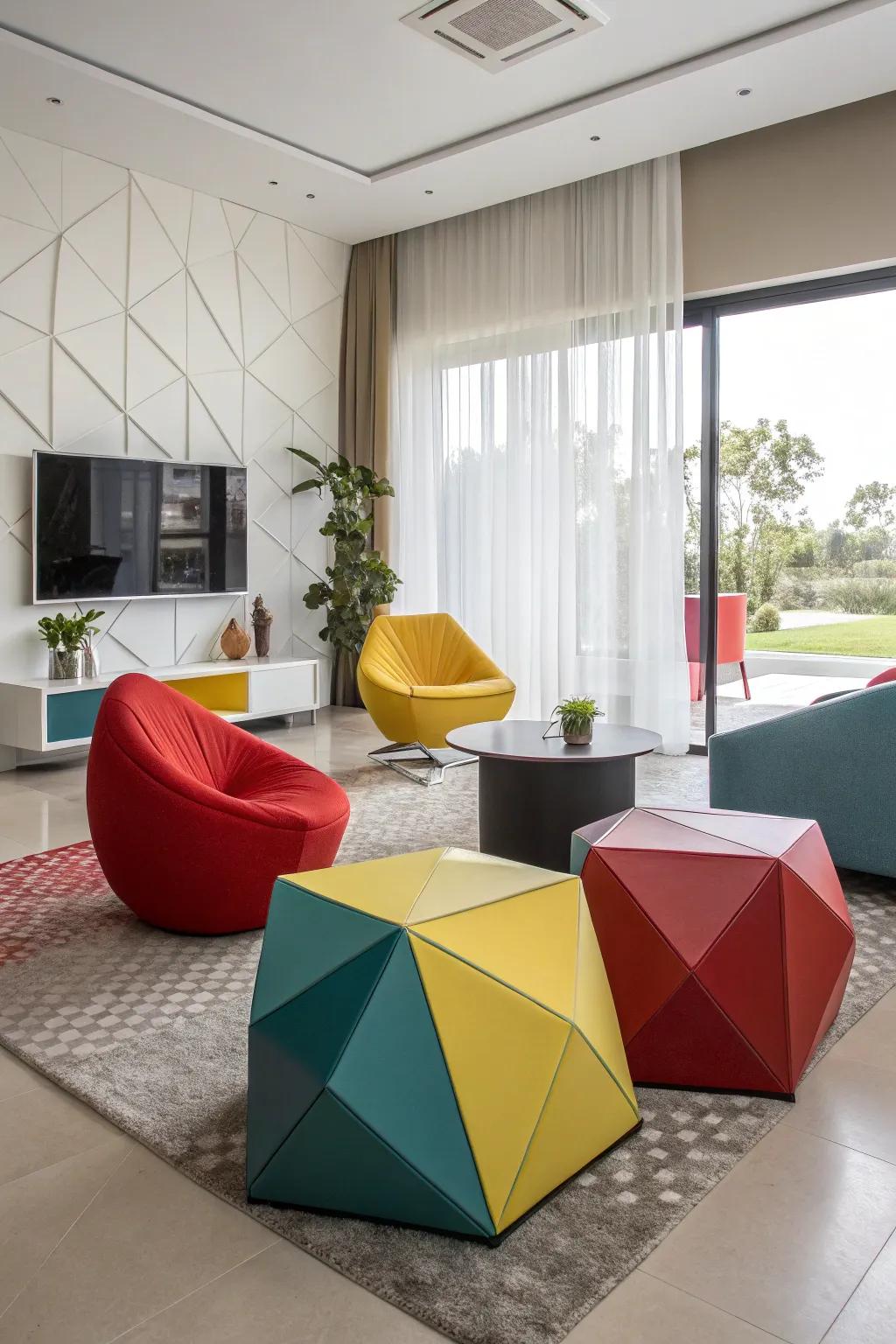 Geometric furniture that introduces a playful element to a contemporary family room.