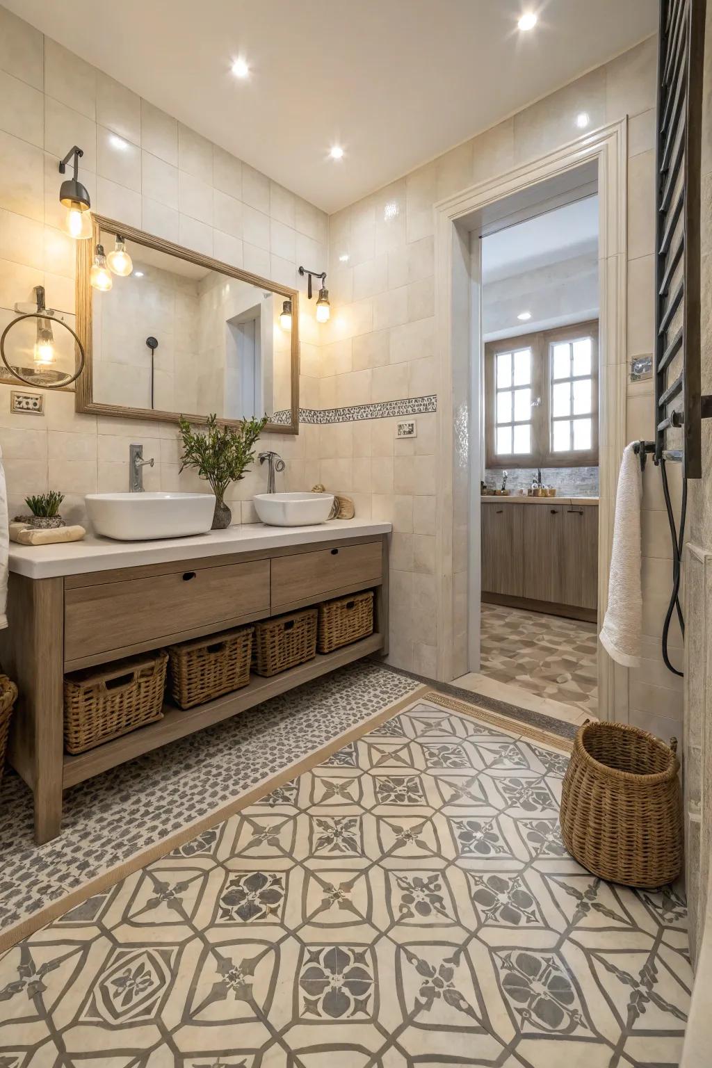 Designed tiles create visual interest in this stylish bathroom.