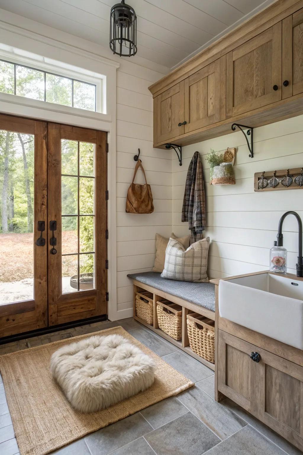 Pet friendly mudroom presenting a comforting cot and cleaning station.