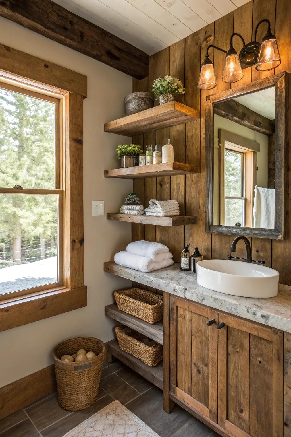 Open shelving made from reclaimed wood in a washroom.