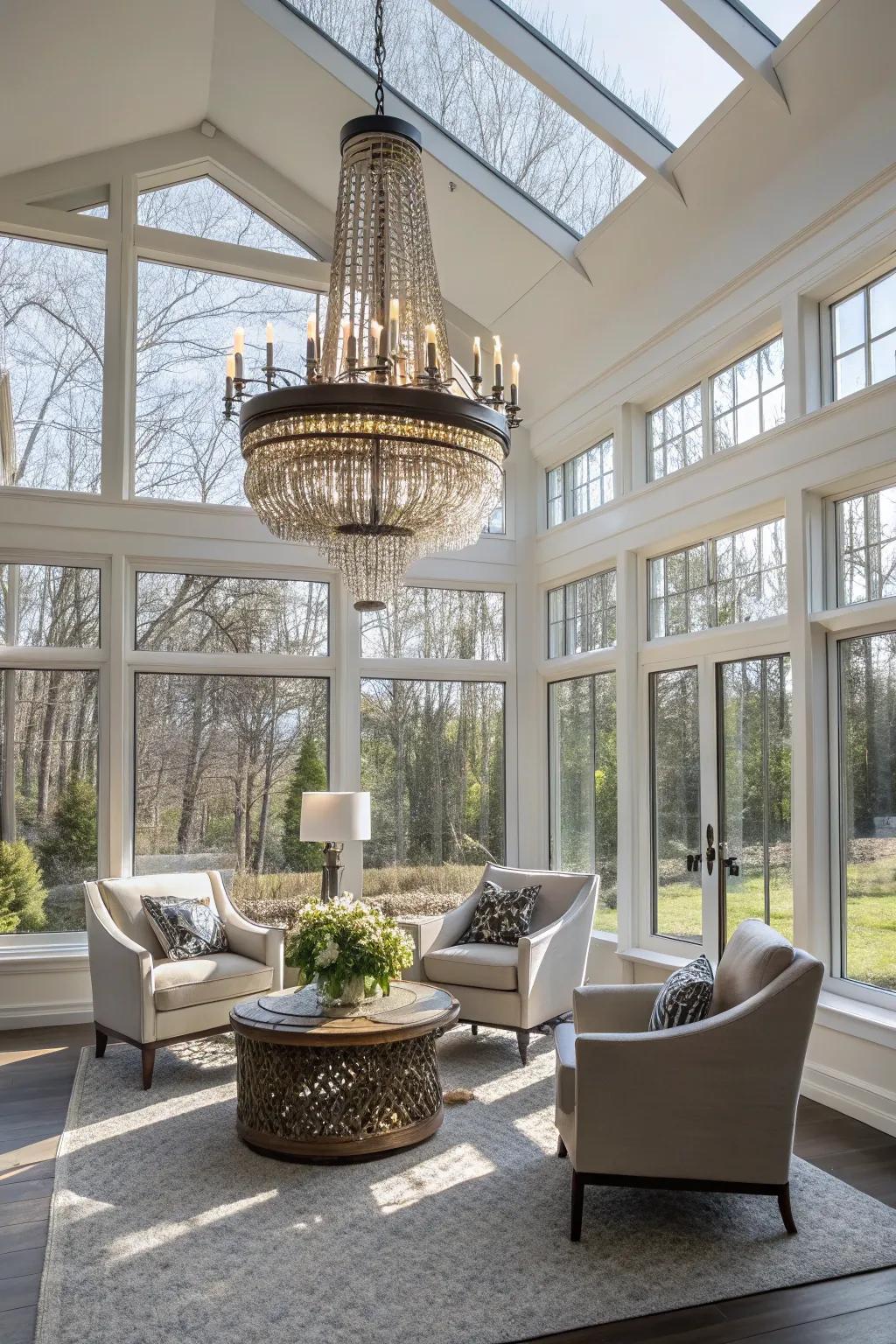 Statement illumination contributes a hint of refinement to this sunroom.