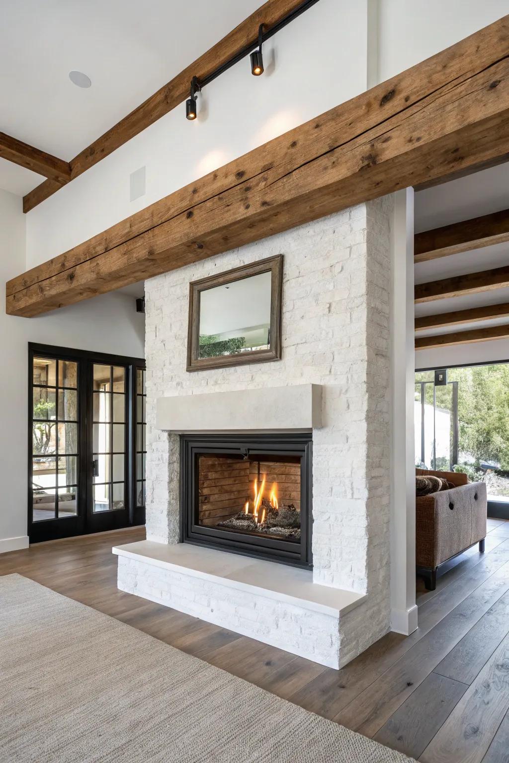 A mix of rustic and contemporary styles includes a gas fireplace.