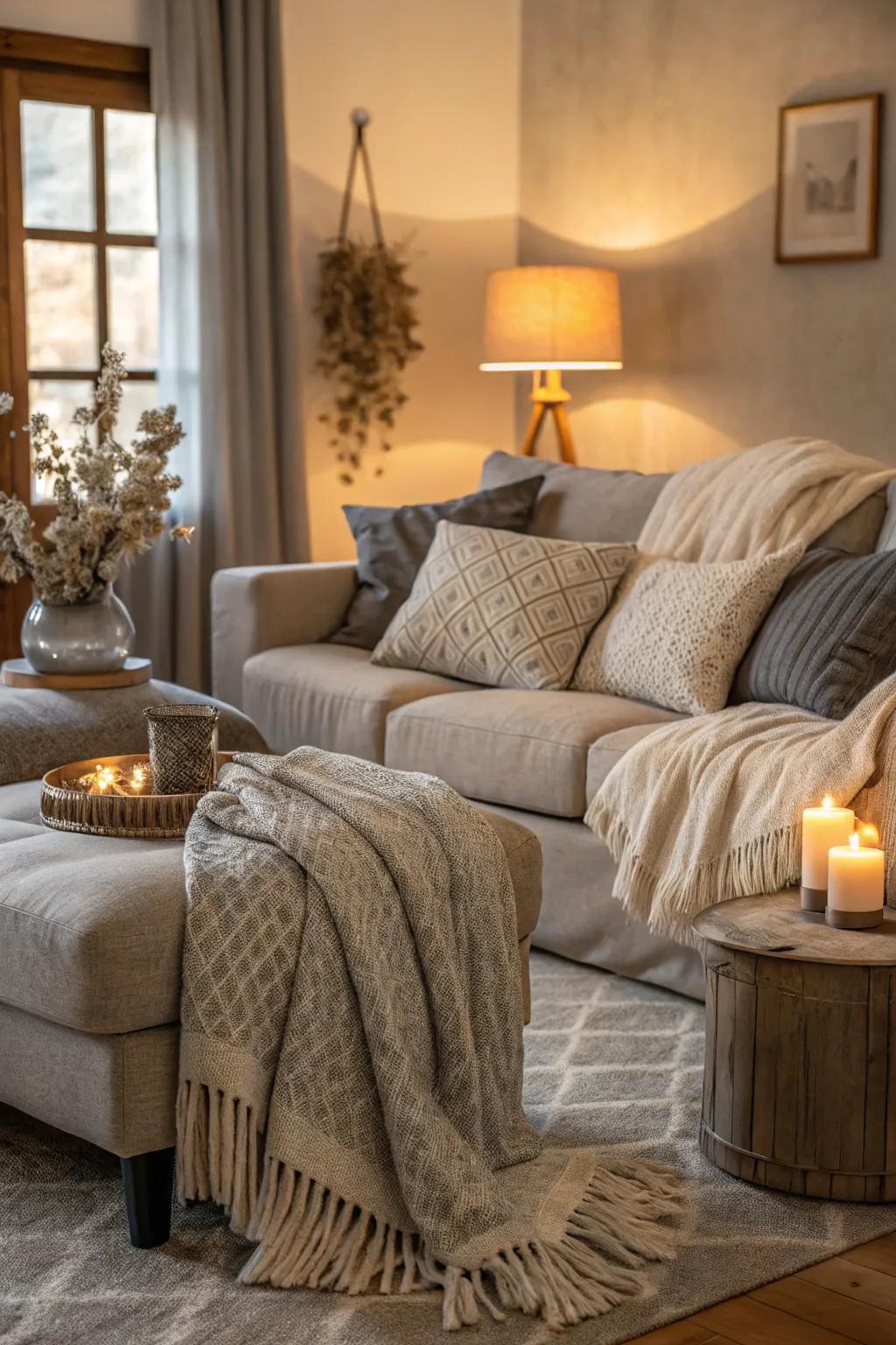 Soft textiles enhance the warmth and coziness of the living room.
