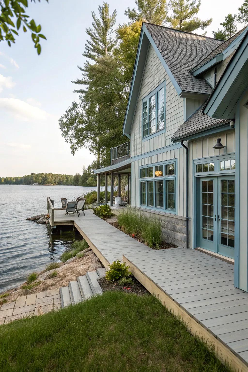 Pale grey and soft blue for a peaceful lakeside retreat.