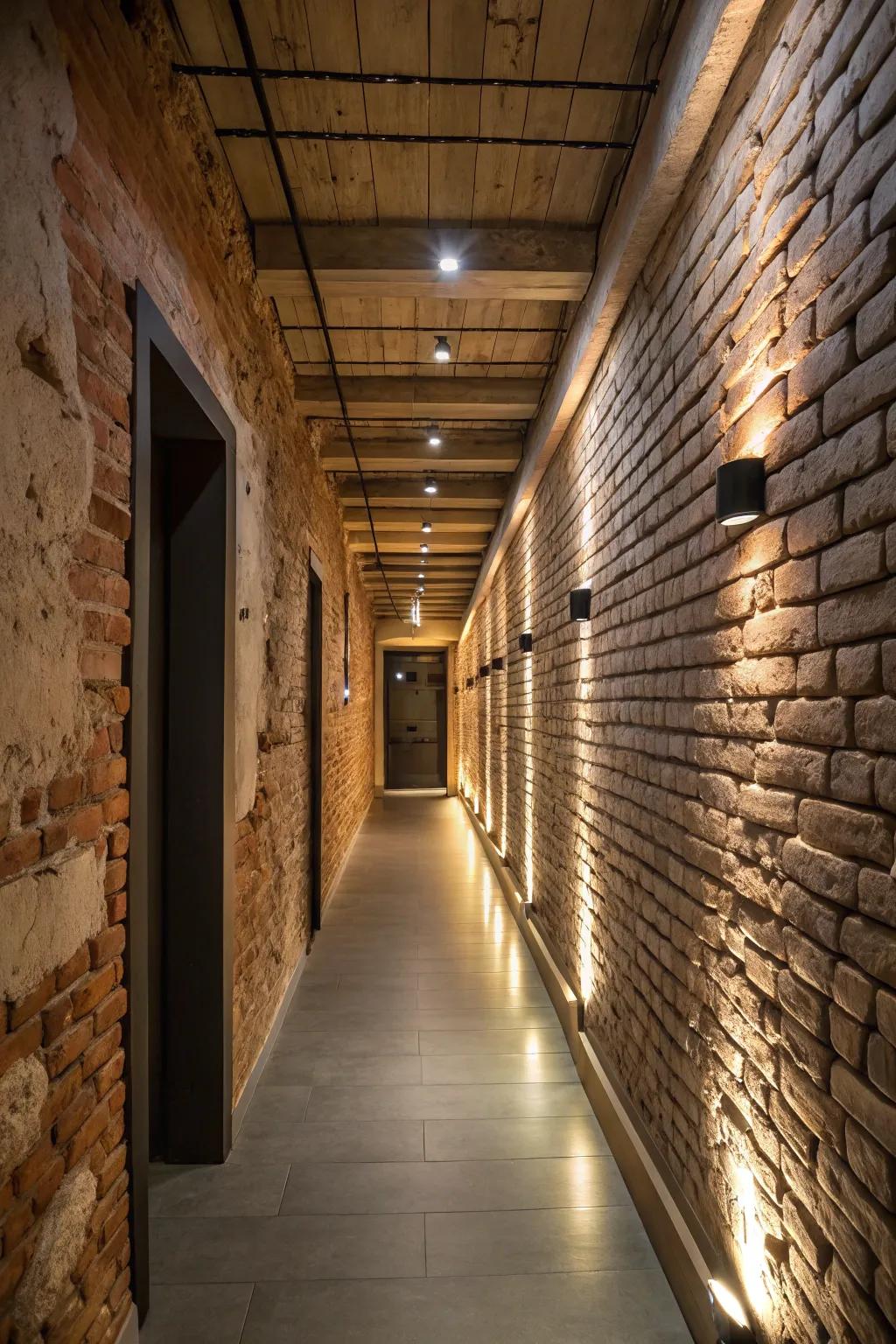 Emphasizing Texture with Light underscores the textures in hallway decor.