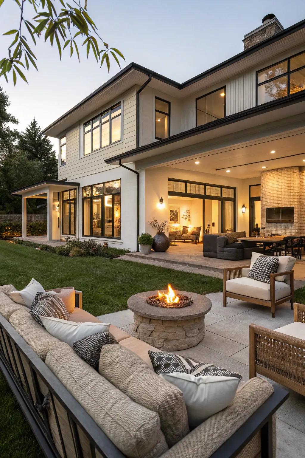 A modern residence featuring a spacious and inviting outside living vicinity.