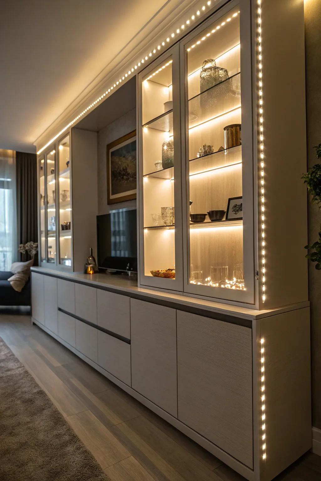 Creative illumination emphasizes and enhances the display cabinet’s decor.