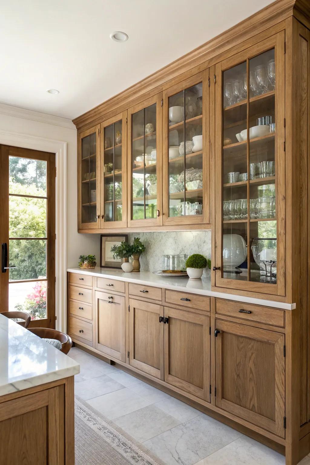 Crystal entrances contribute a contemporary touch and ventilation to cooking spaces with timber vanities.