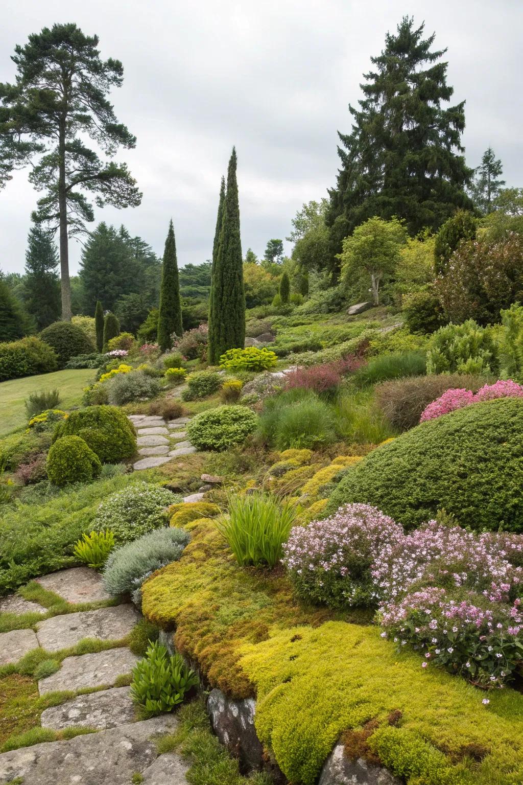 Tiered vegetation conjures depth and visual fascination.
