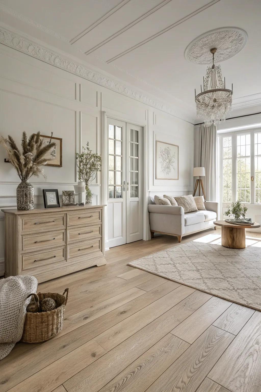 A single-color scheme enhances the elegance of bright wooden floors.