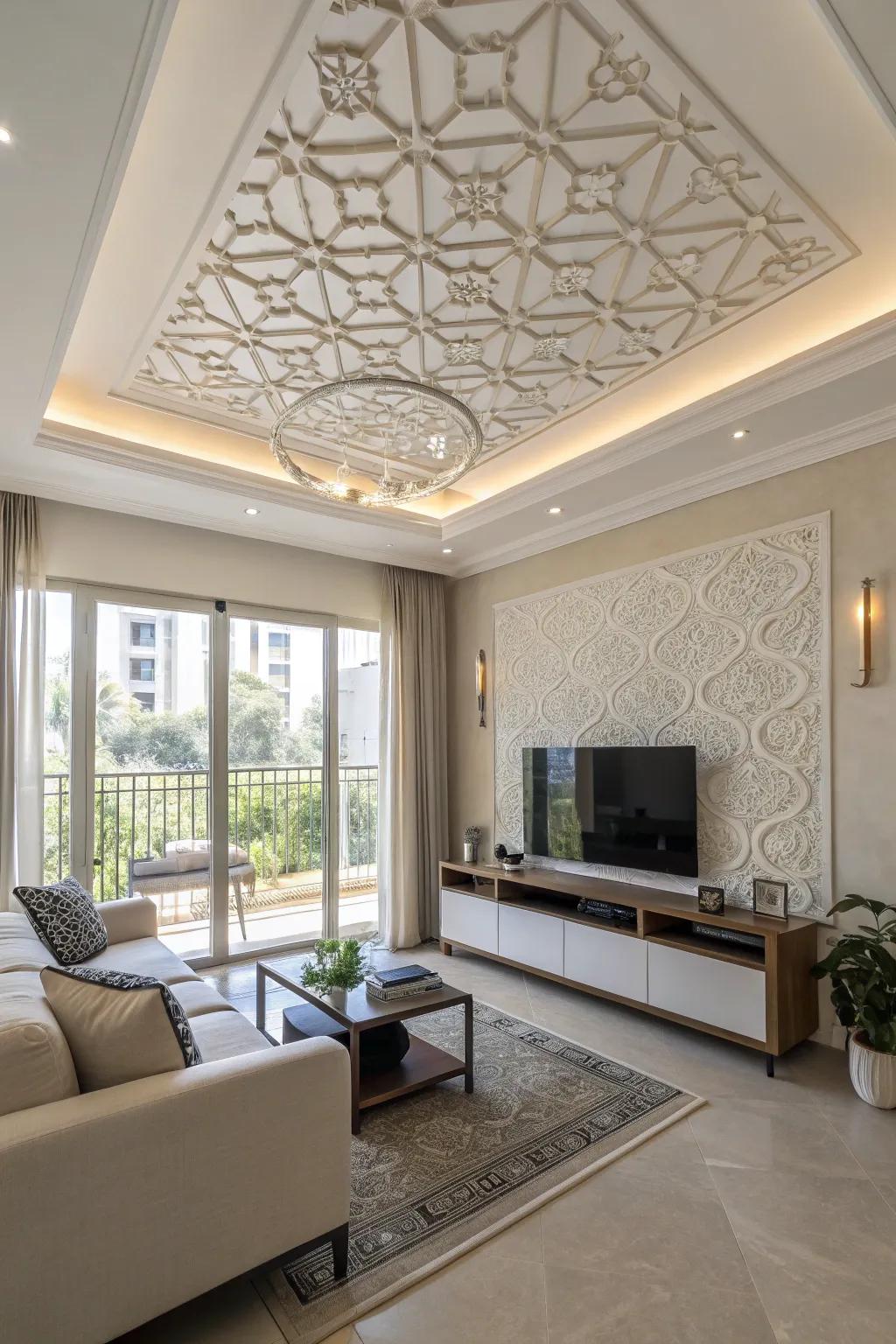 A unique ceiling detail balances the room's visual focus.