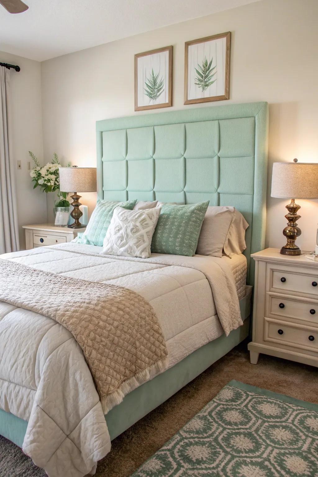 A striking seafoam serenity headboard in a modern bedroom.
