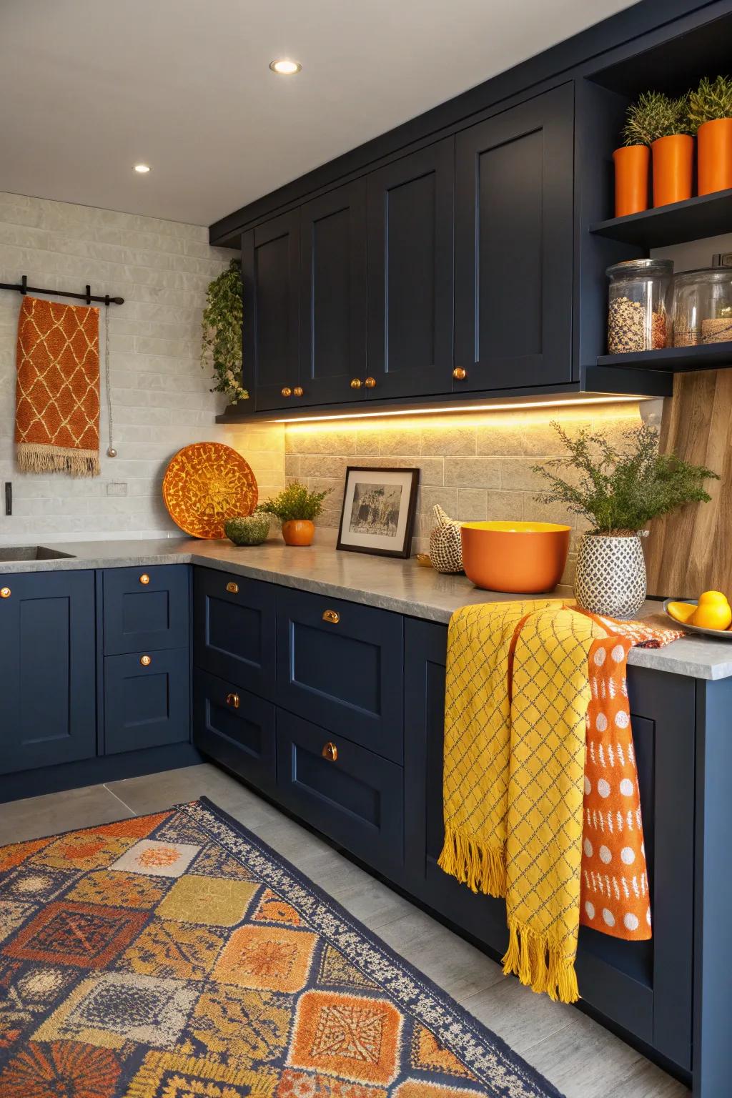Bright colors make dark blue kitchens more lively.