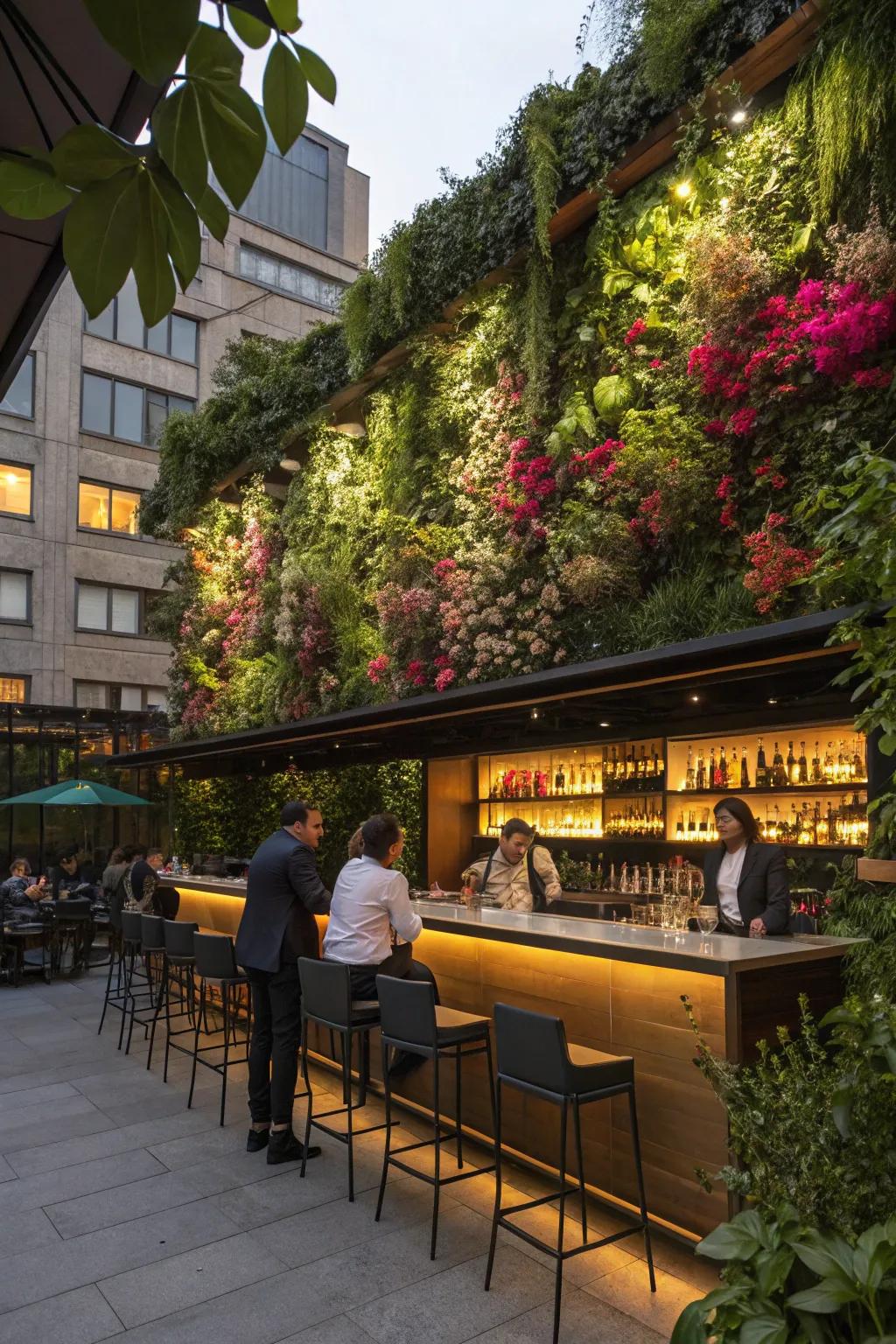 A vertical garden enriches this bar area with a vibrant and lush backdrop.