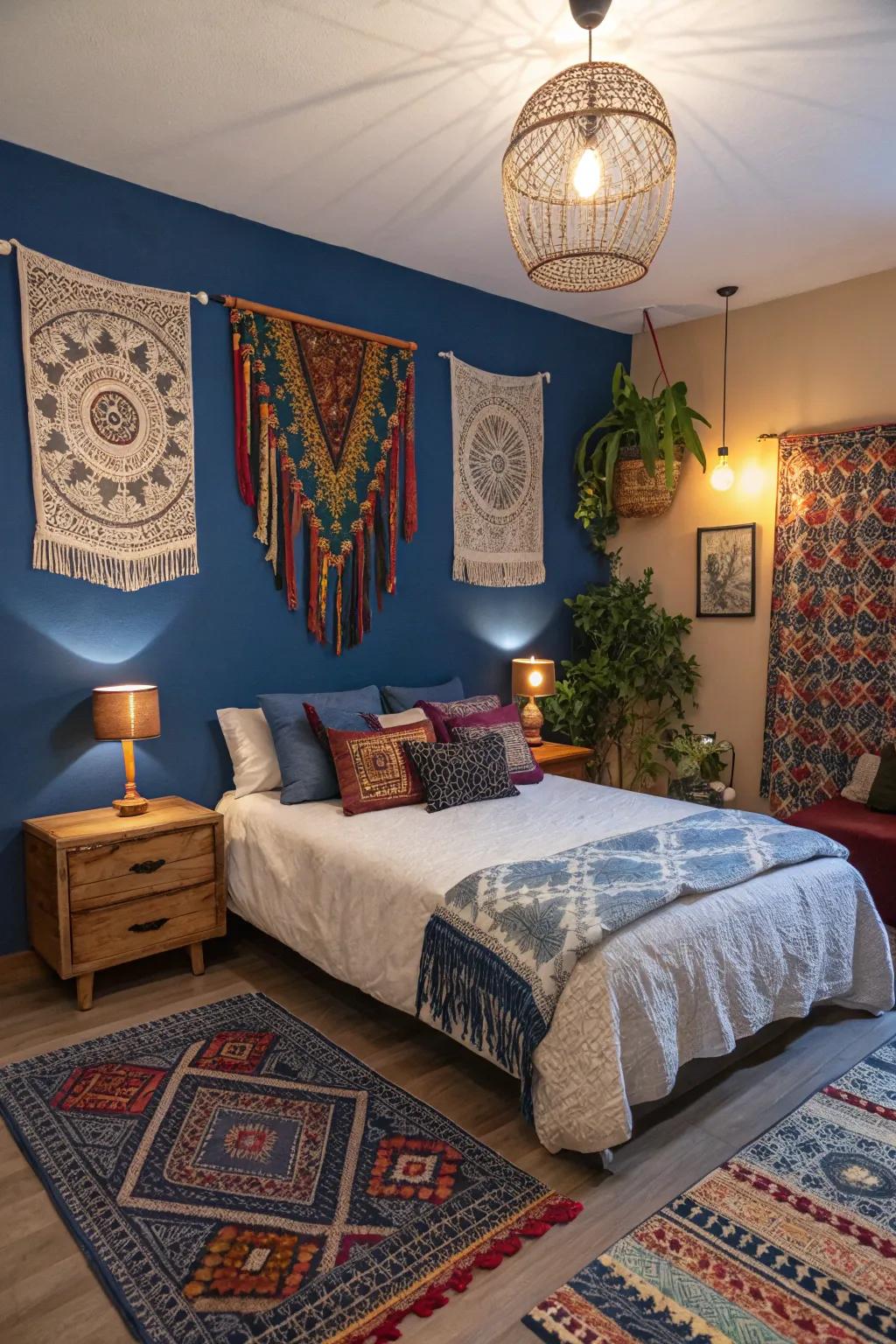 Bohemian wall hangings append a whimsical detail to the regal blue chamber.