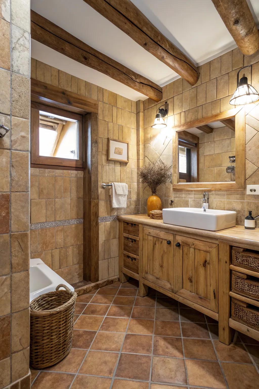 Earthen tiles harmonizing exquisitely with farmhouse lumber.