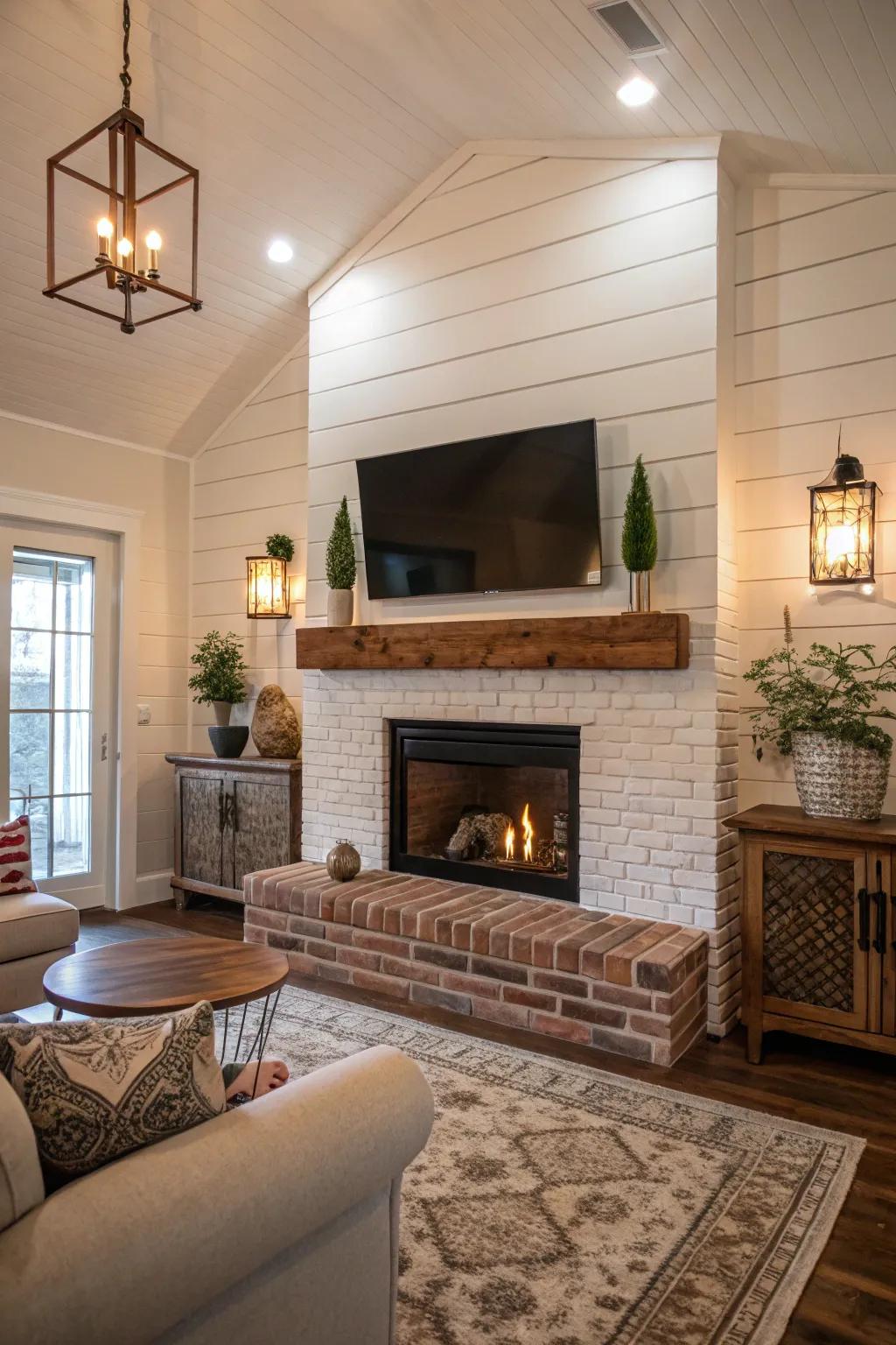 A shiplap fireplace accented with rustic brick.